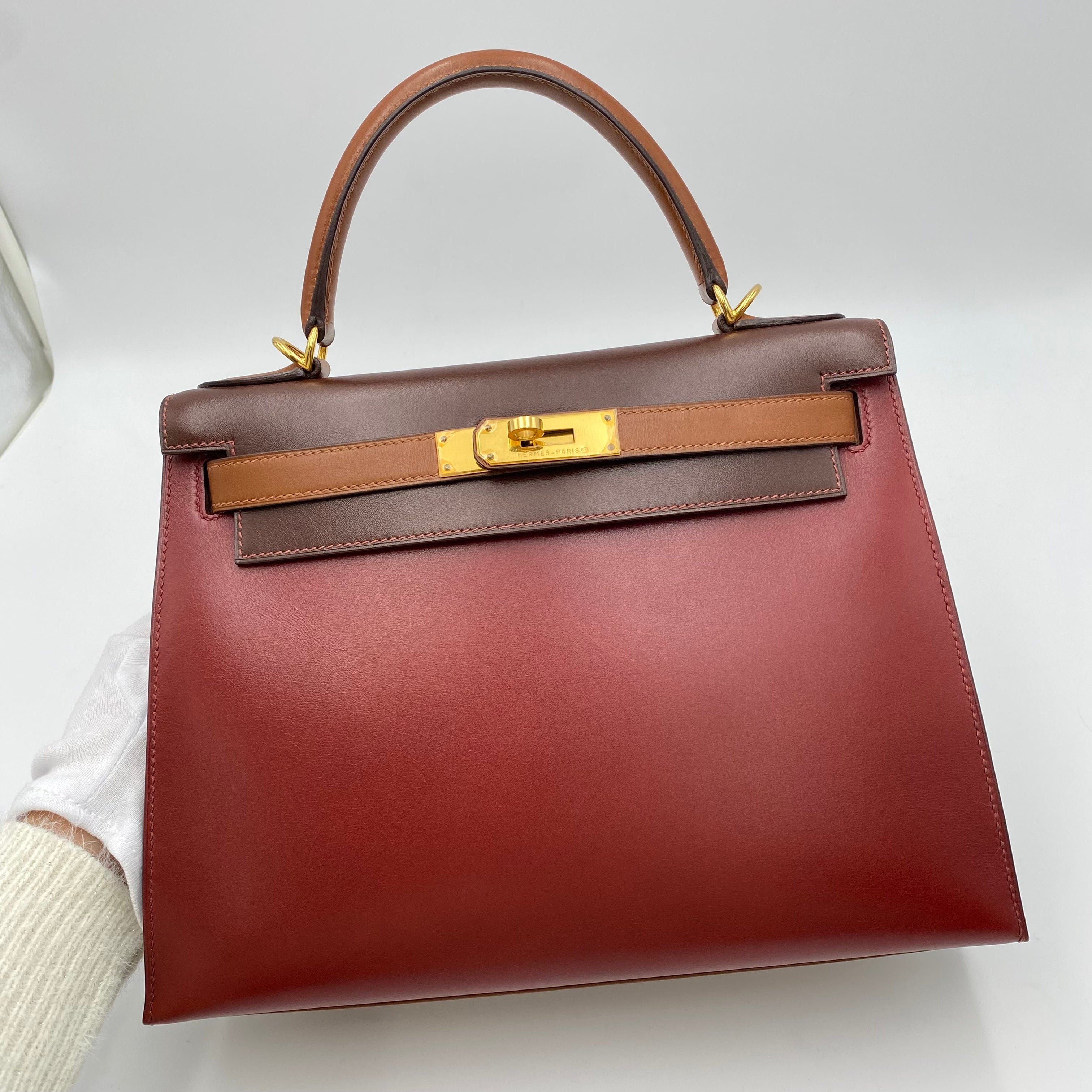 VINTAGE LOVER PURPOSE Hermes Kelly 28 Sellier Tricolour Boxcalf GHW #F Square