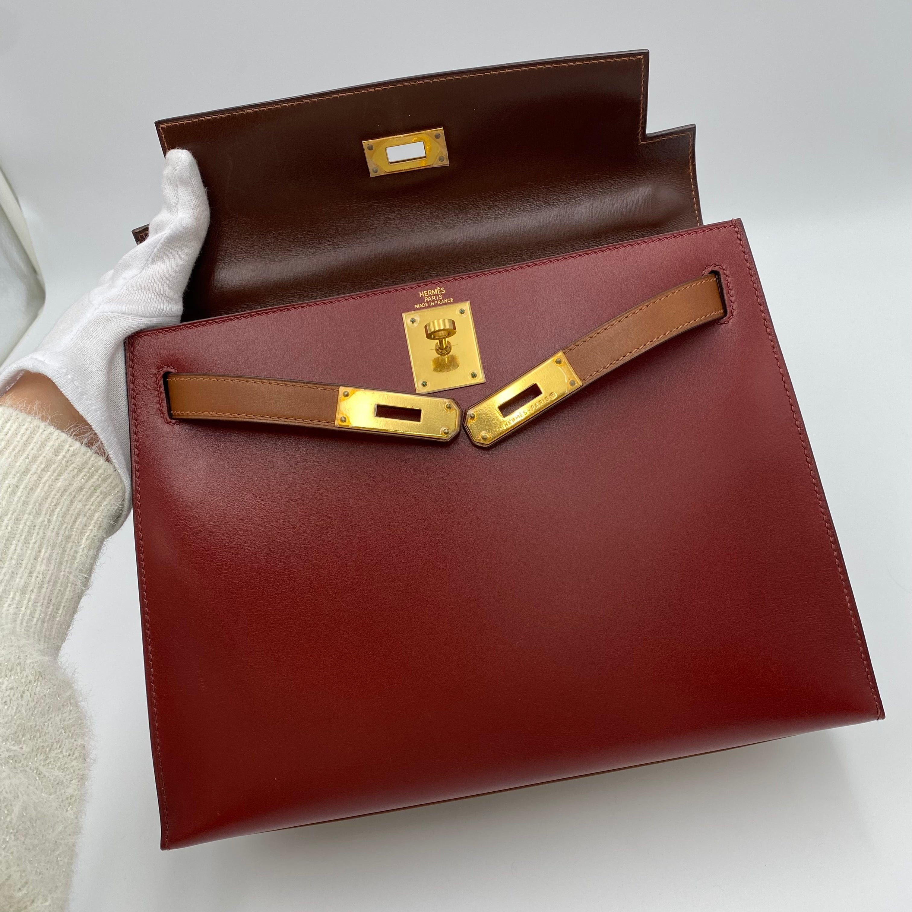 VINTAGE LOVER PURPOSE Hermes Kelly 28 Sellier Tricolour Boxcalf GHW #F Square