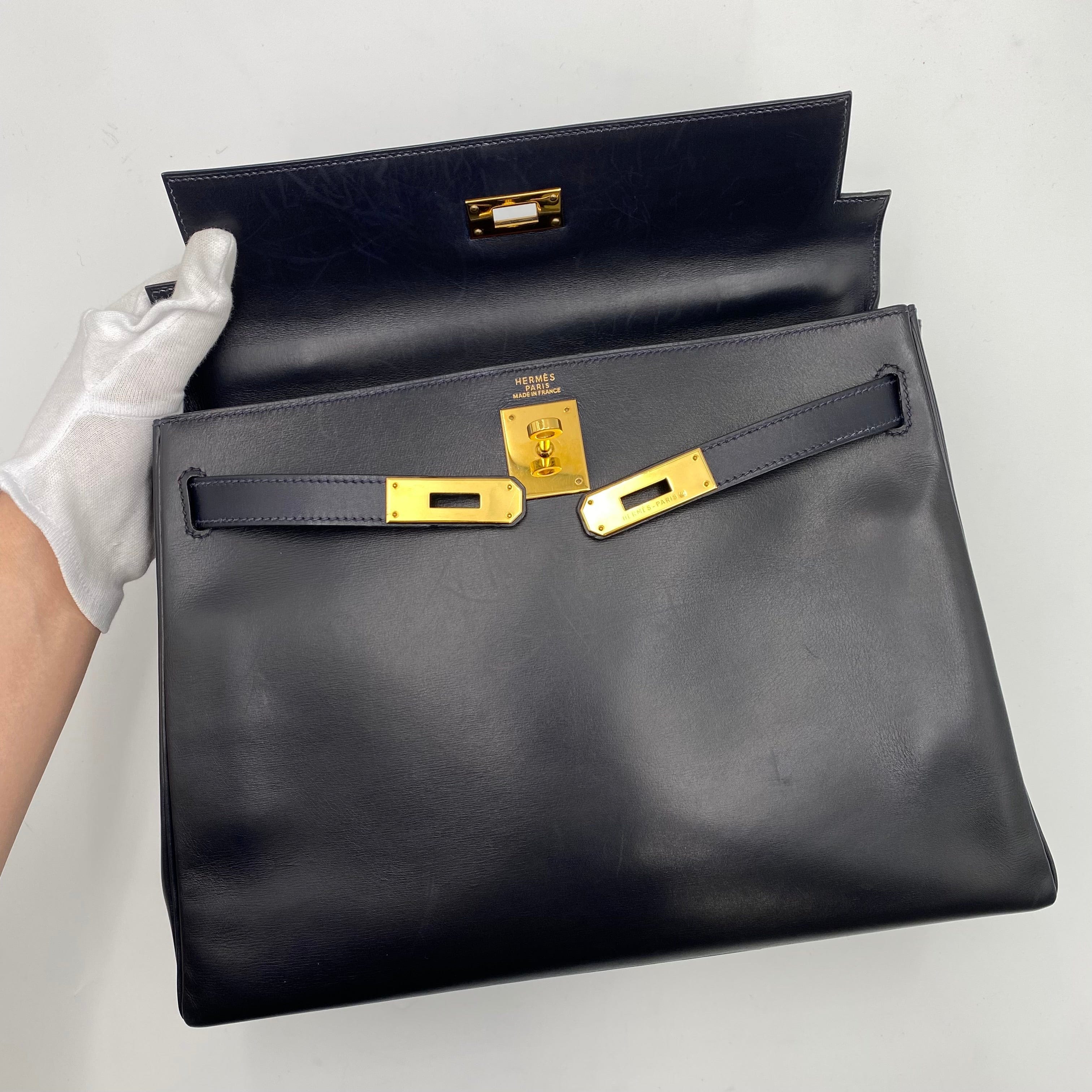 VINTAGE LOVER PURPOSE HERMES KELLY 32 NAVY BOXCALF HAND SHOULDER BAG □D 90226101