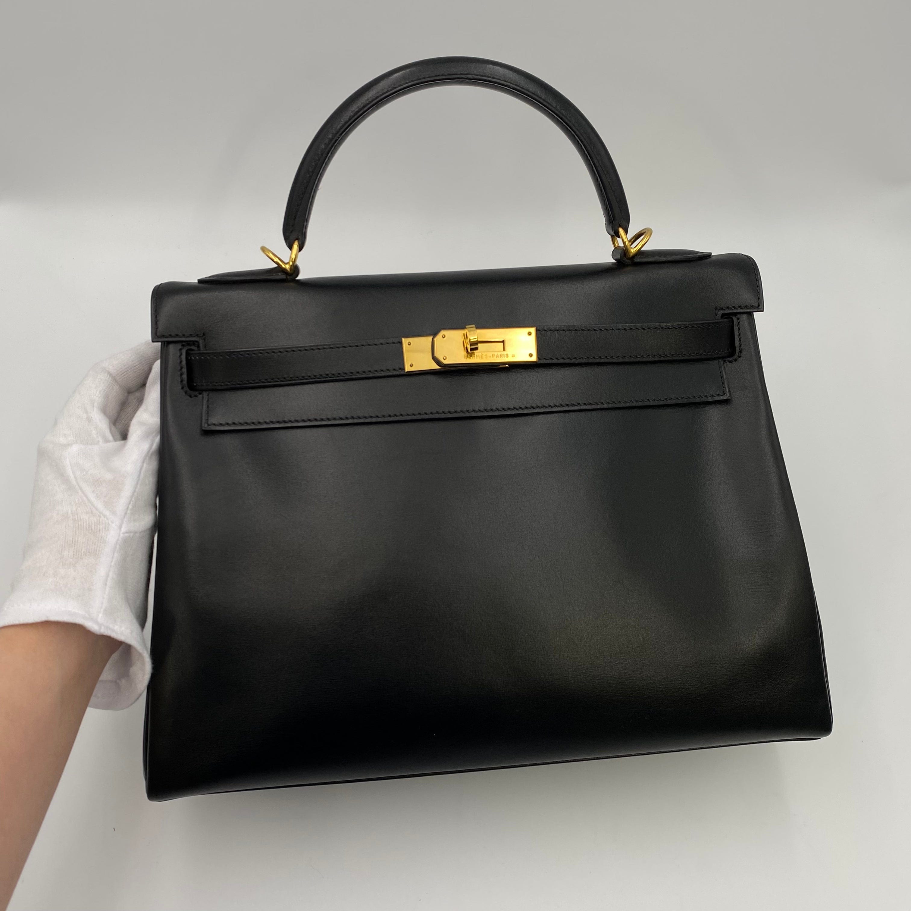 VINTAGE LOVER PURPOSE HERMES KELLY 32 RETOURNE BLACK BOXCALF HAND SHOULDER BAG □F 90219636