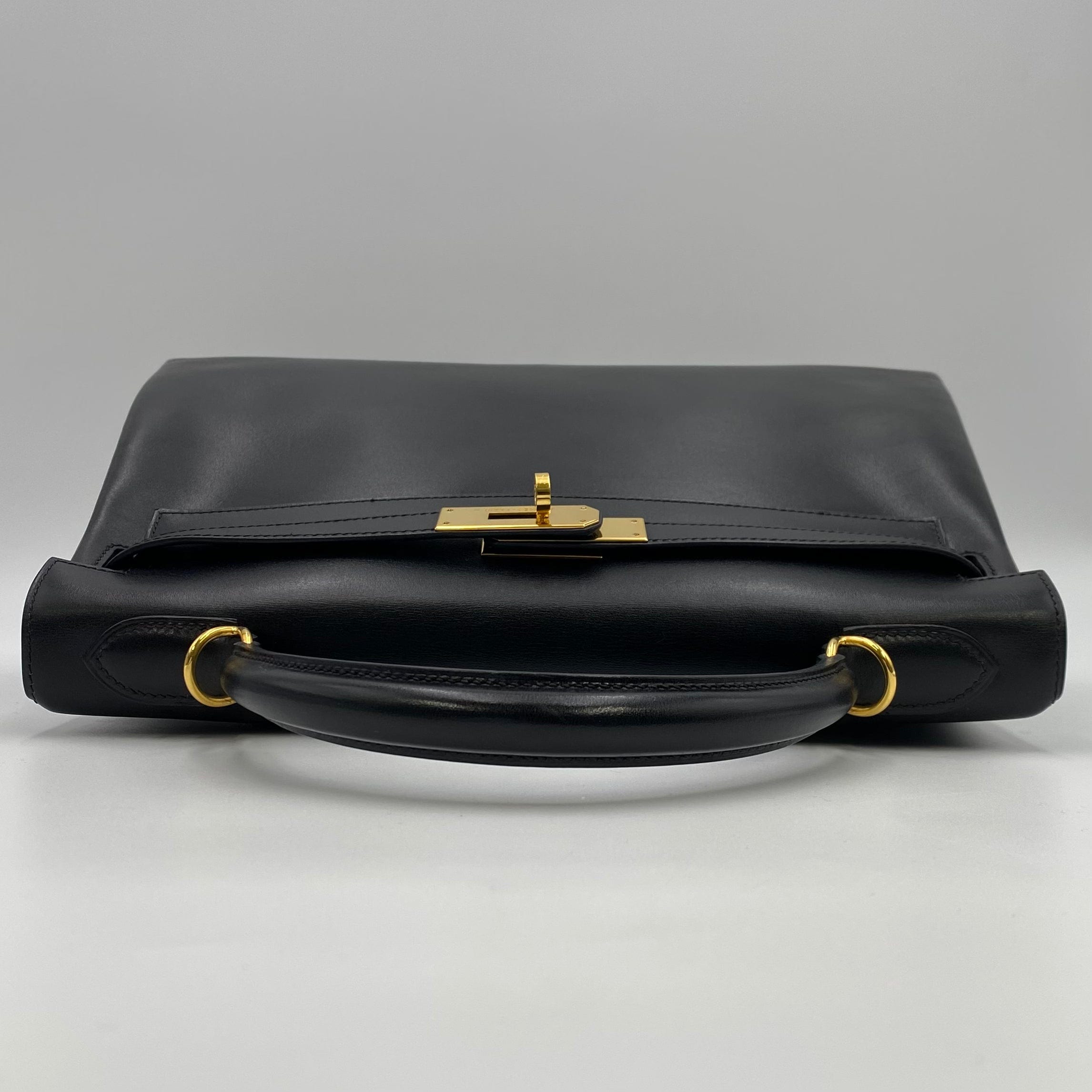 VINTAGE LOVER PURPOSE HERMES KELLY 32 RETOURNE BLACK BOXCALF HAND SHOULDER BAG □F 90219636