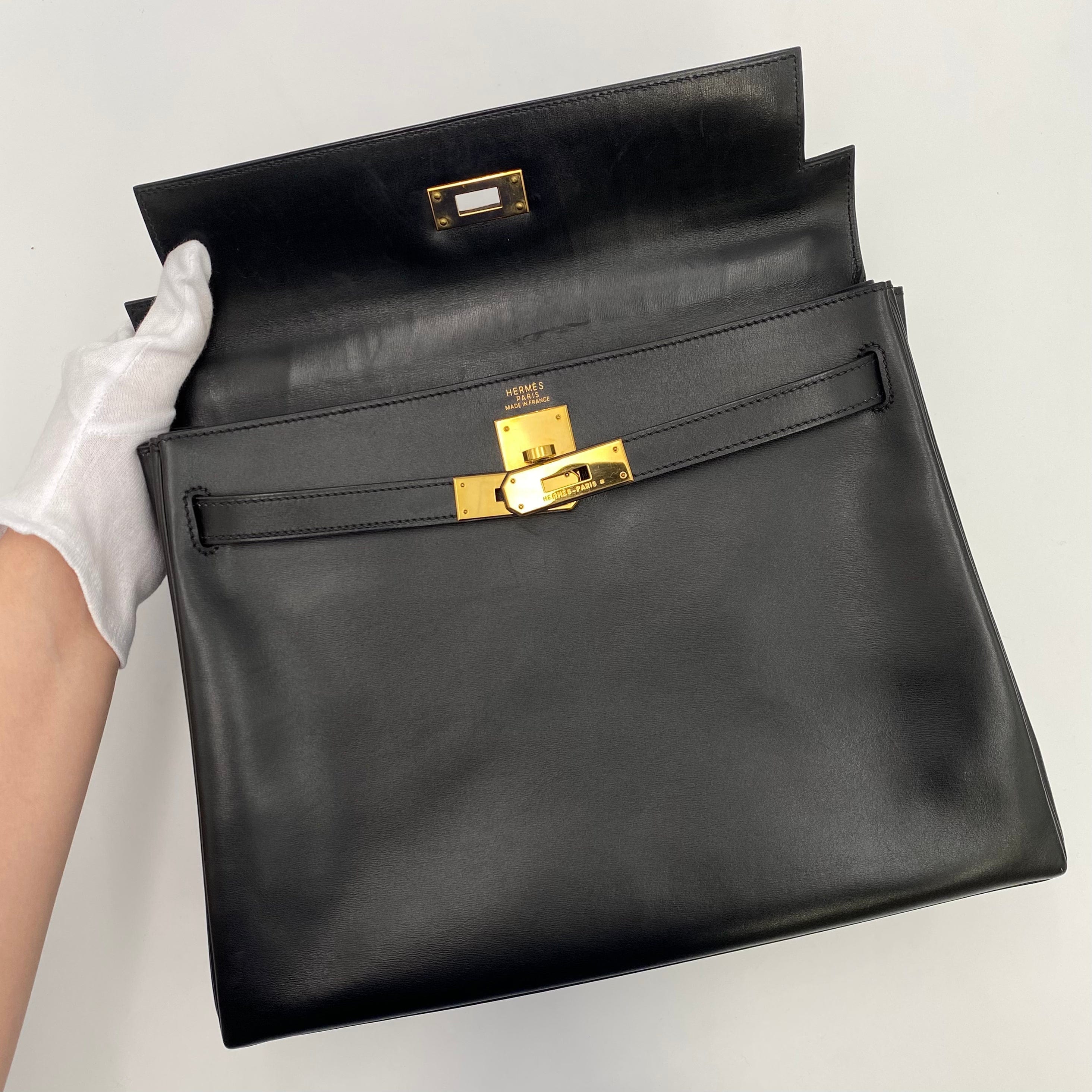 VINTAGE LOVER PURPOSE HERMES KELLY 32 RETOURNE BLACK BOXCALF HAND SHOULDER BAG □F 90219636