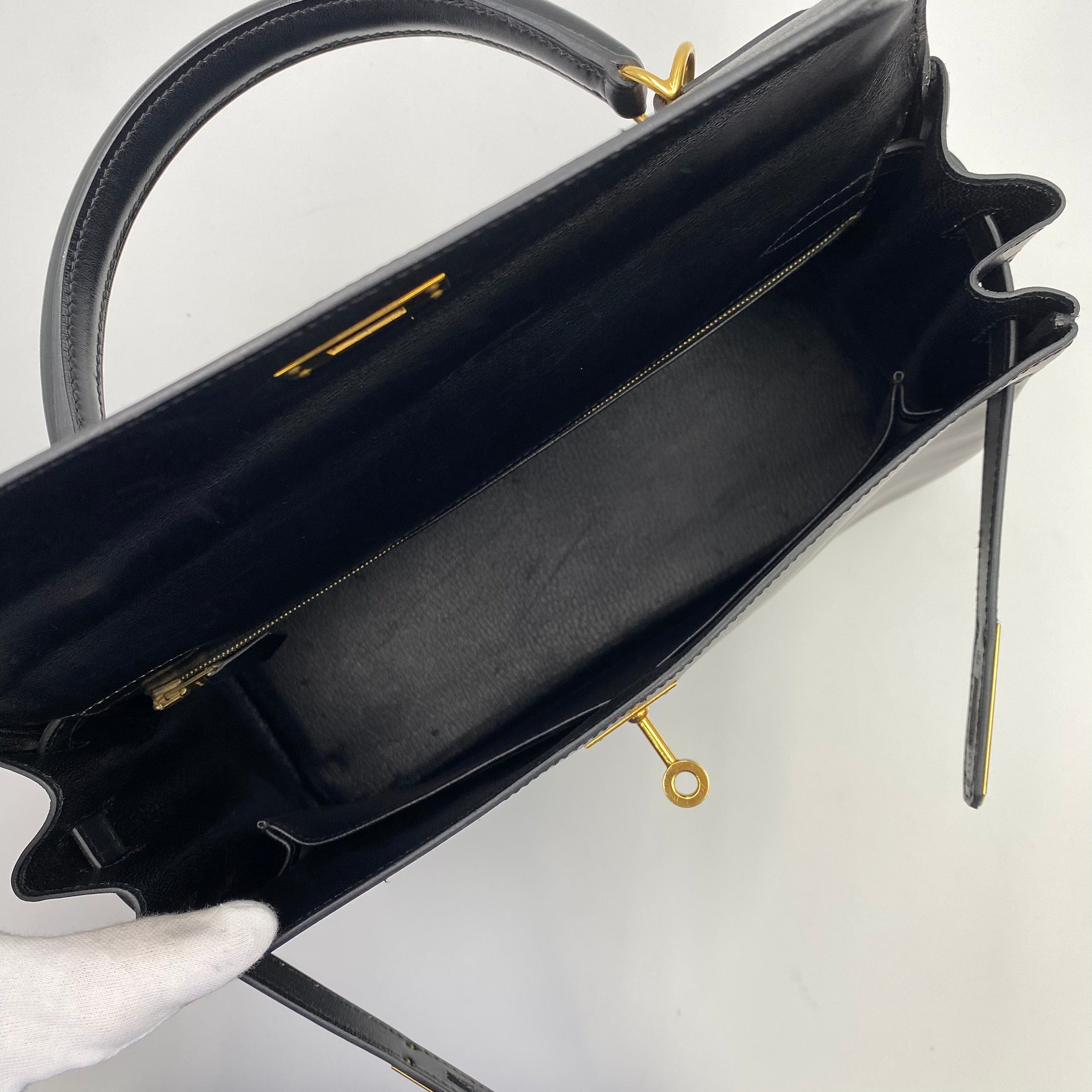 VINTAGE LOVER PURPOSE HERMES KELLY 32 RETOURNE BLACK BOXCALF HAND SHOULDER BAG □F 90219636