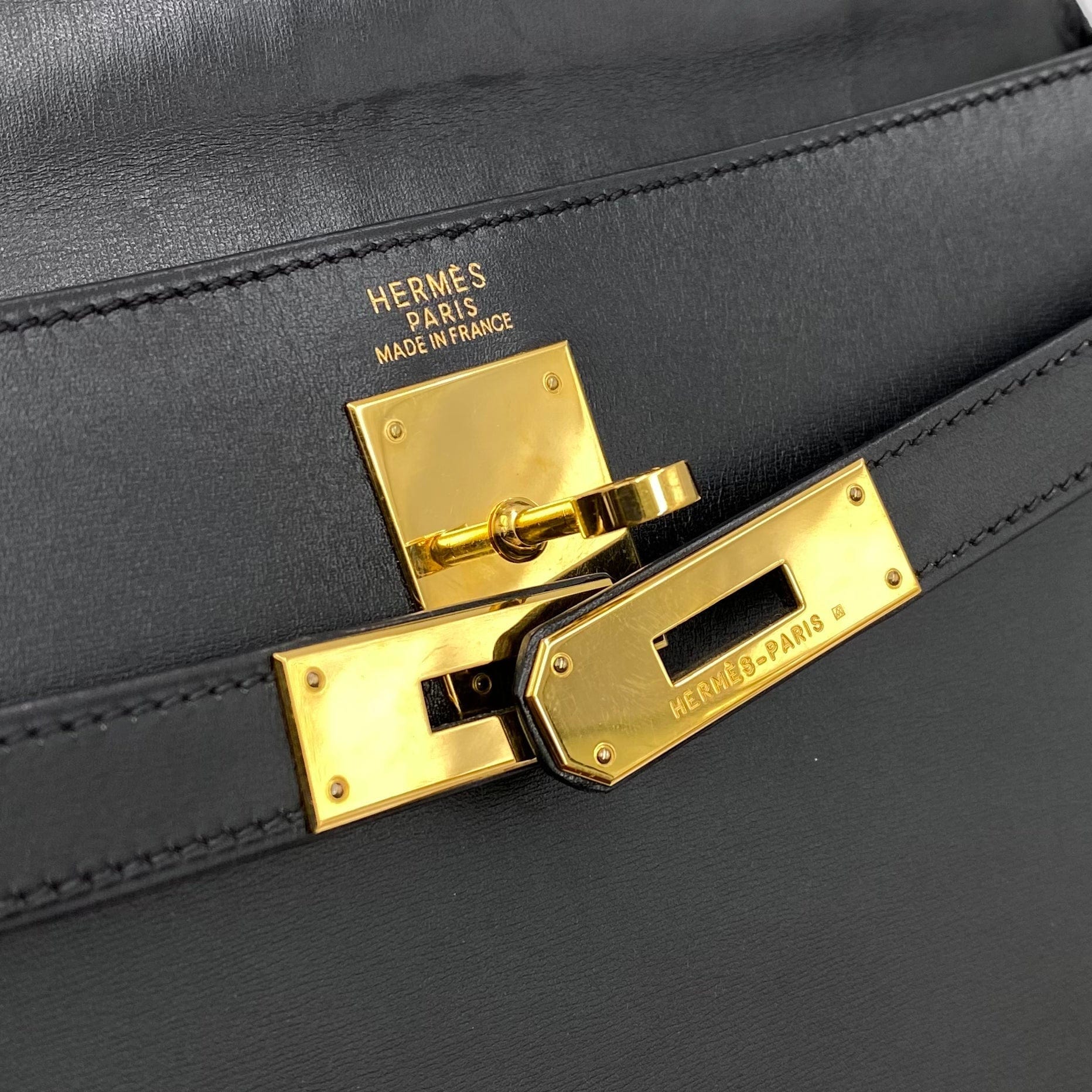 VINTAGE LOVER PURPOSE HERMES KELLY 32 RETOURNE BLACK BOXCALF HAND SHOULDER BAG □F 90219636