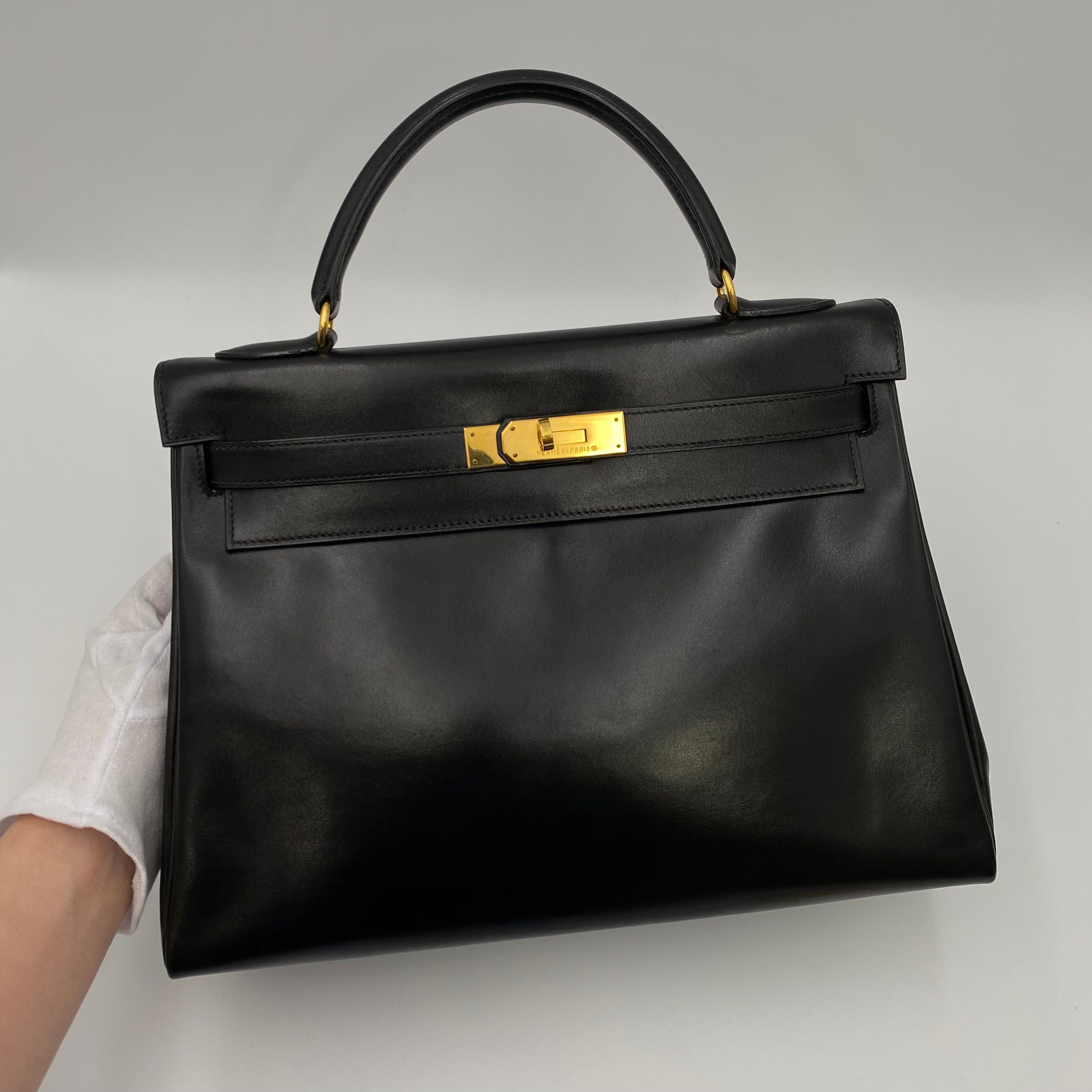 VINTAGE LOVER PURPOSE HERMES KELLY 32 RETOURNE BLACK BOXCALF HAND SHOULDER BAG 〇X 90221027