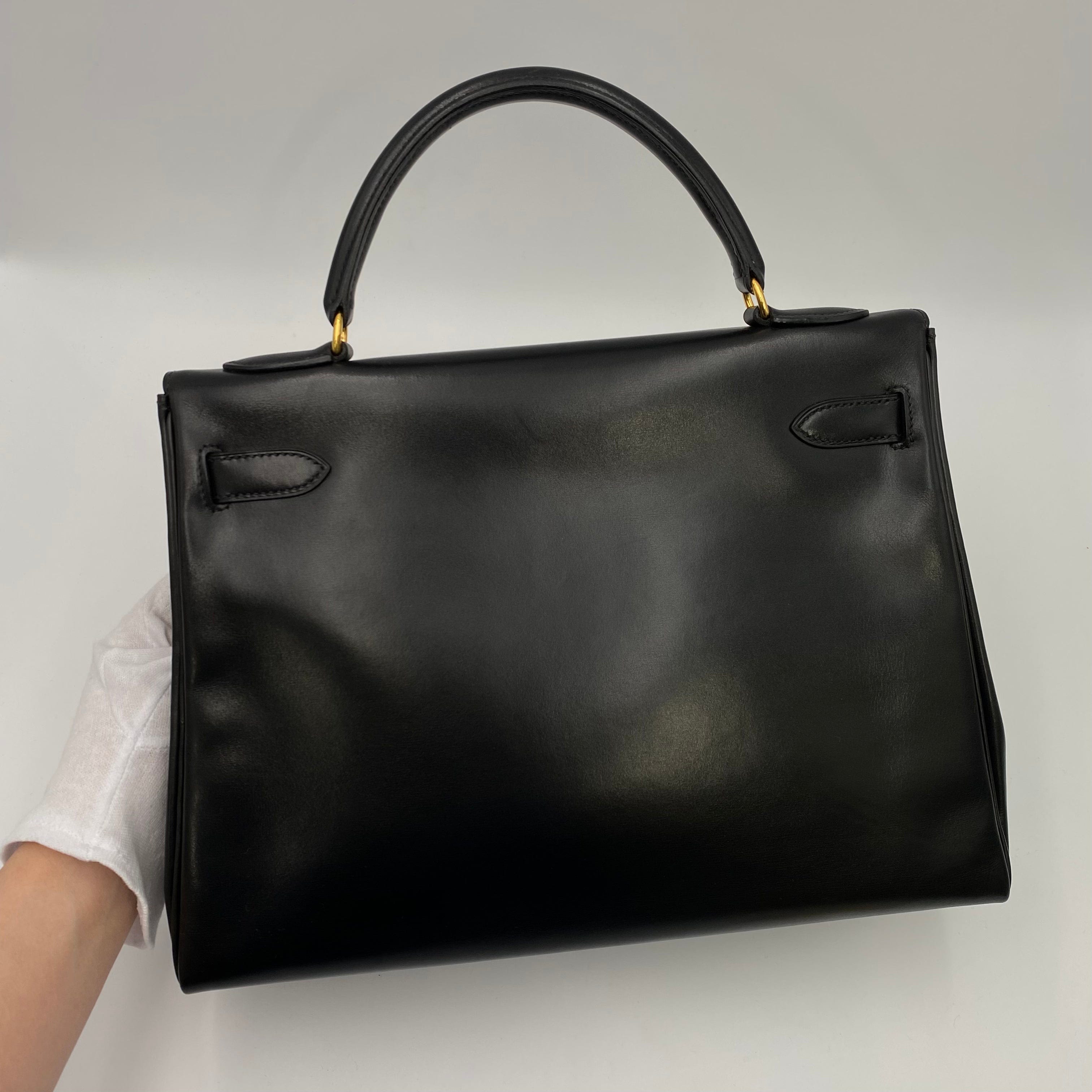 VINTAGE LOVER PURPOSE HERMES KELLY 32 RETOURNE BLACK BOXCALF HAND SHOULDER BAG 〇X 90221027