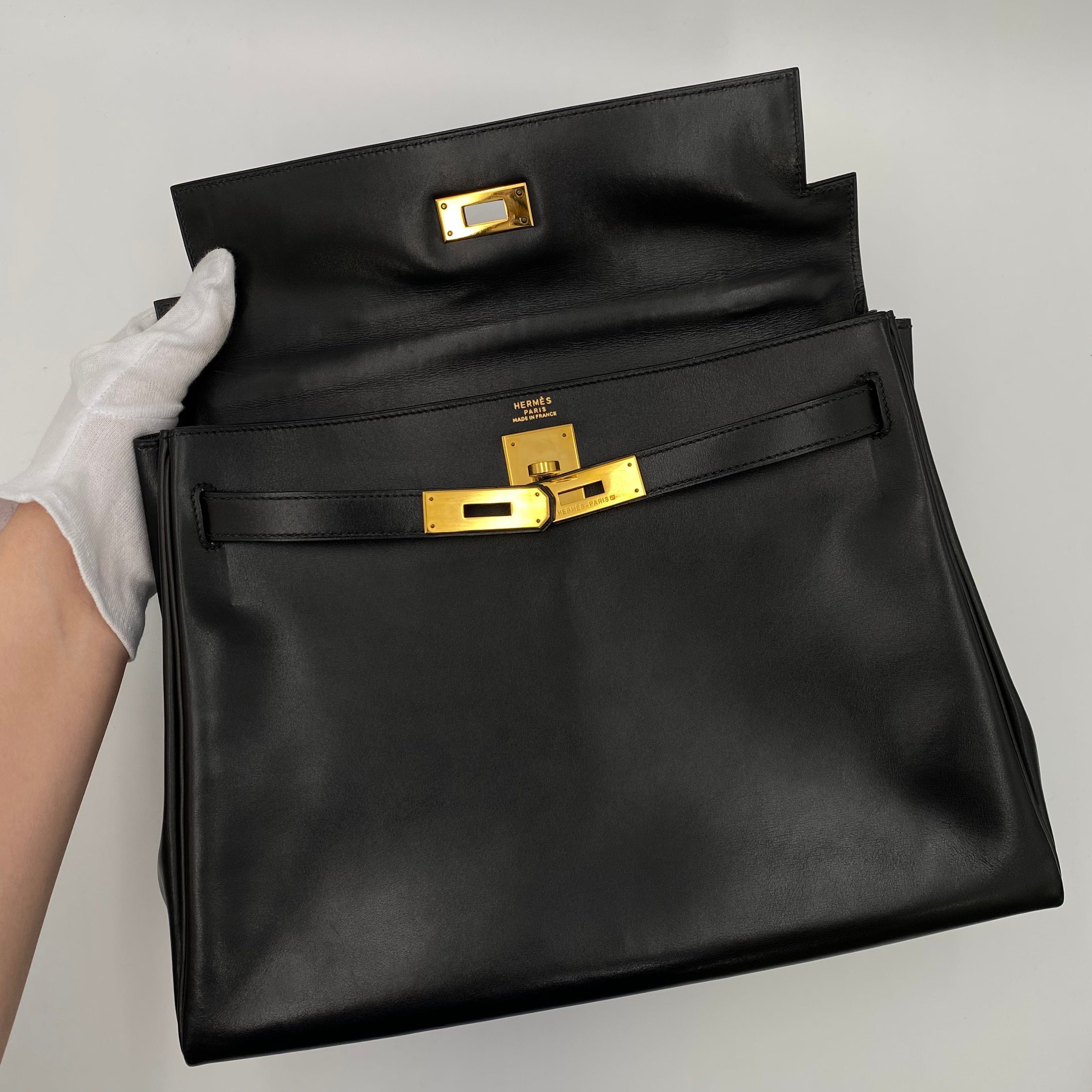 VINTAGE LOVER PURPOSE HERMES KELLY 32 RETOURNE BLACK BOXCALF HAND SHOULDER BAG 〇X 90221027