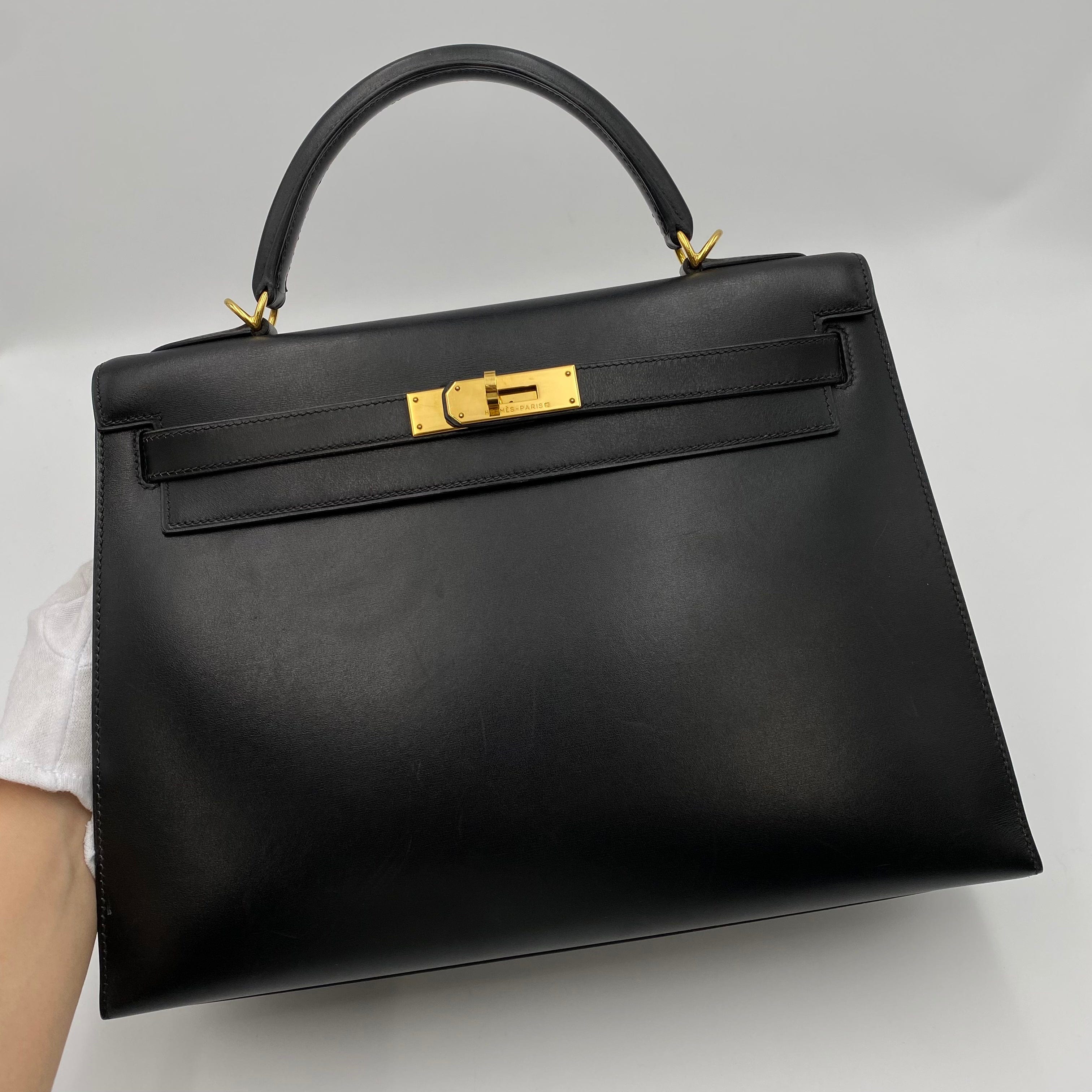 VINTAGE LOVER PURPOSE Hermes Kelly 32 Sellier Black Boxcalf GHW #D Square