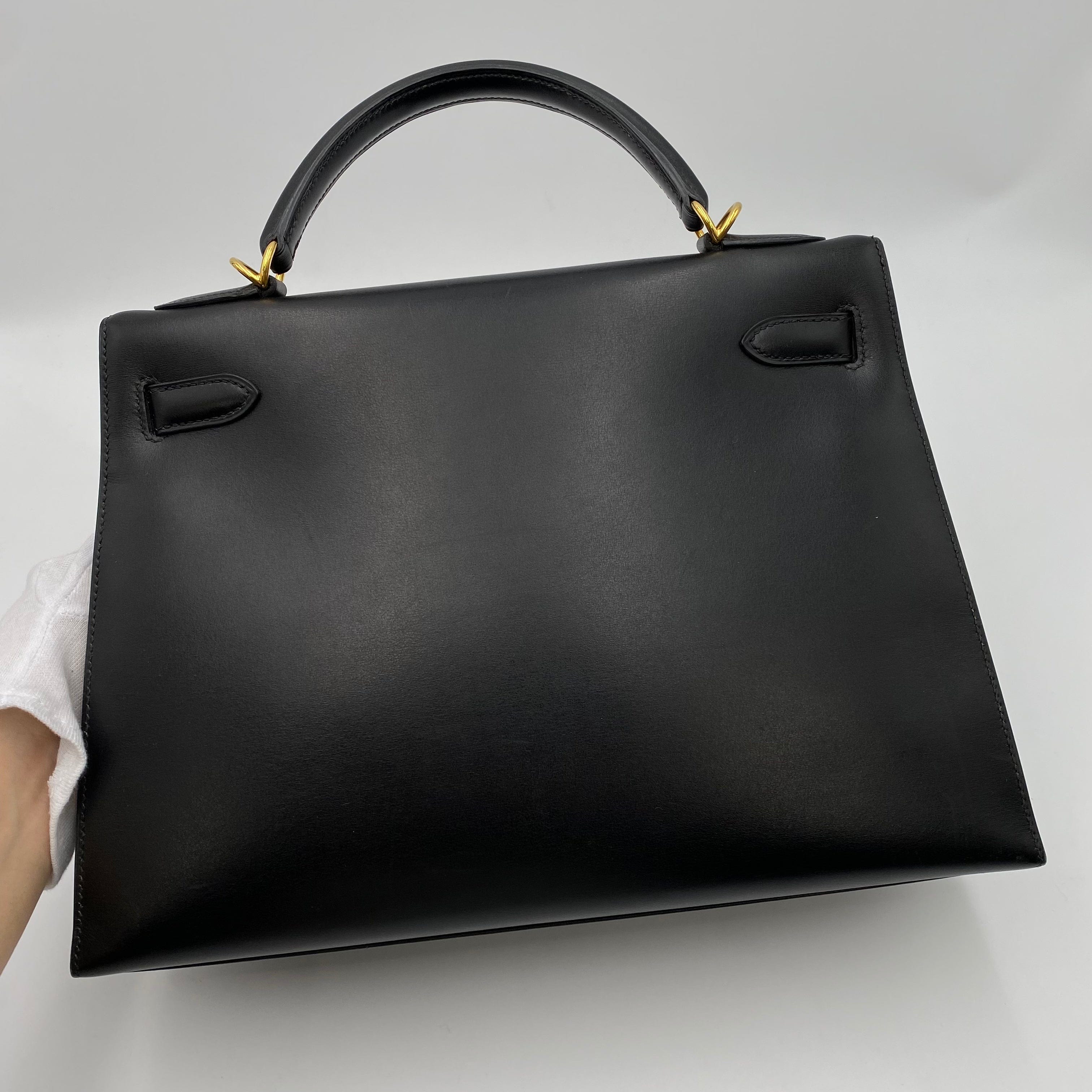 VINTAGE LOVER PURPOSE Hermes Kelly 32 Sellier Black Boxcalf GHW #D Square