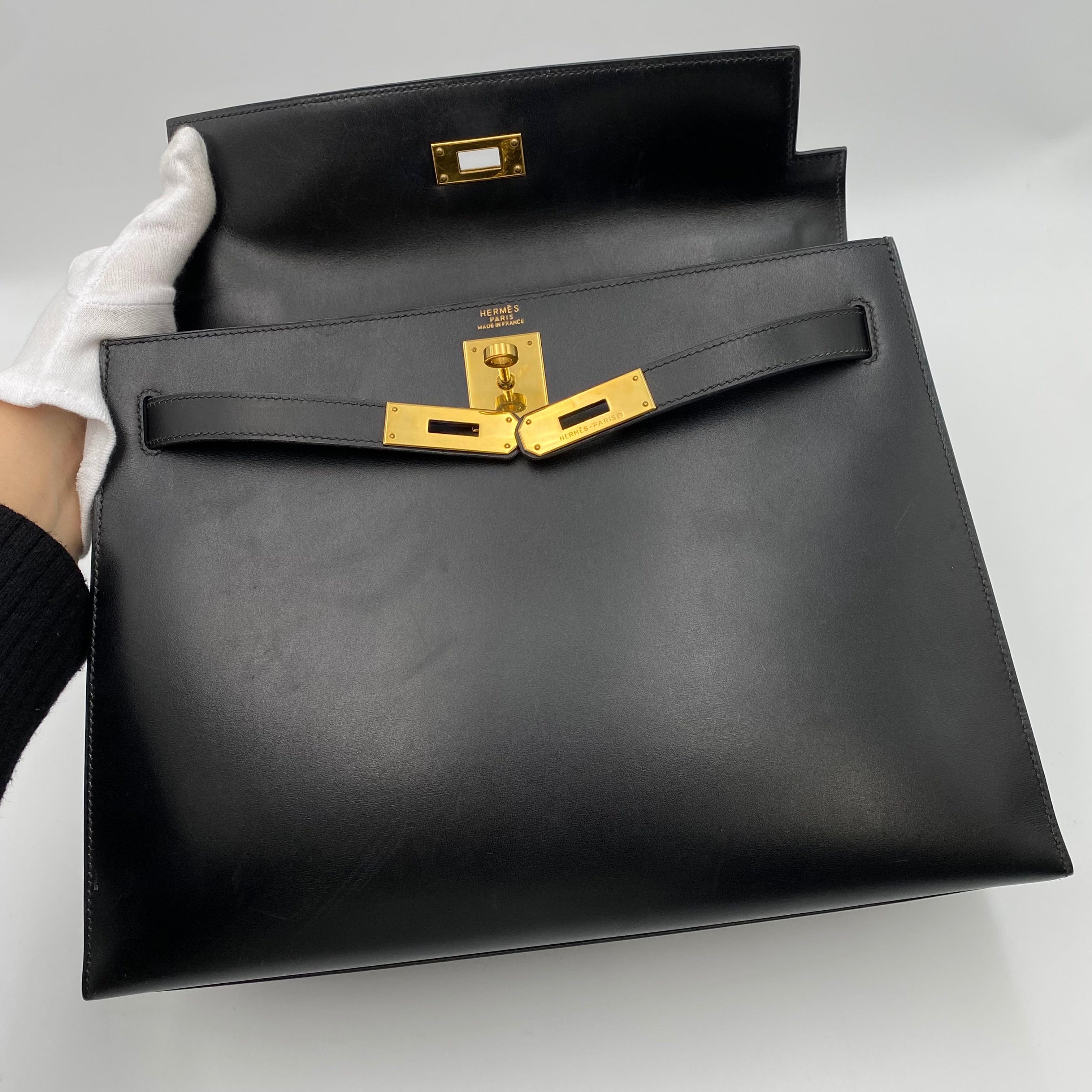 VINTAGE LOVER PURPOSE Hermes Kelly 32 Sellier Black Boxcalf GHW #D Square