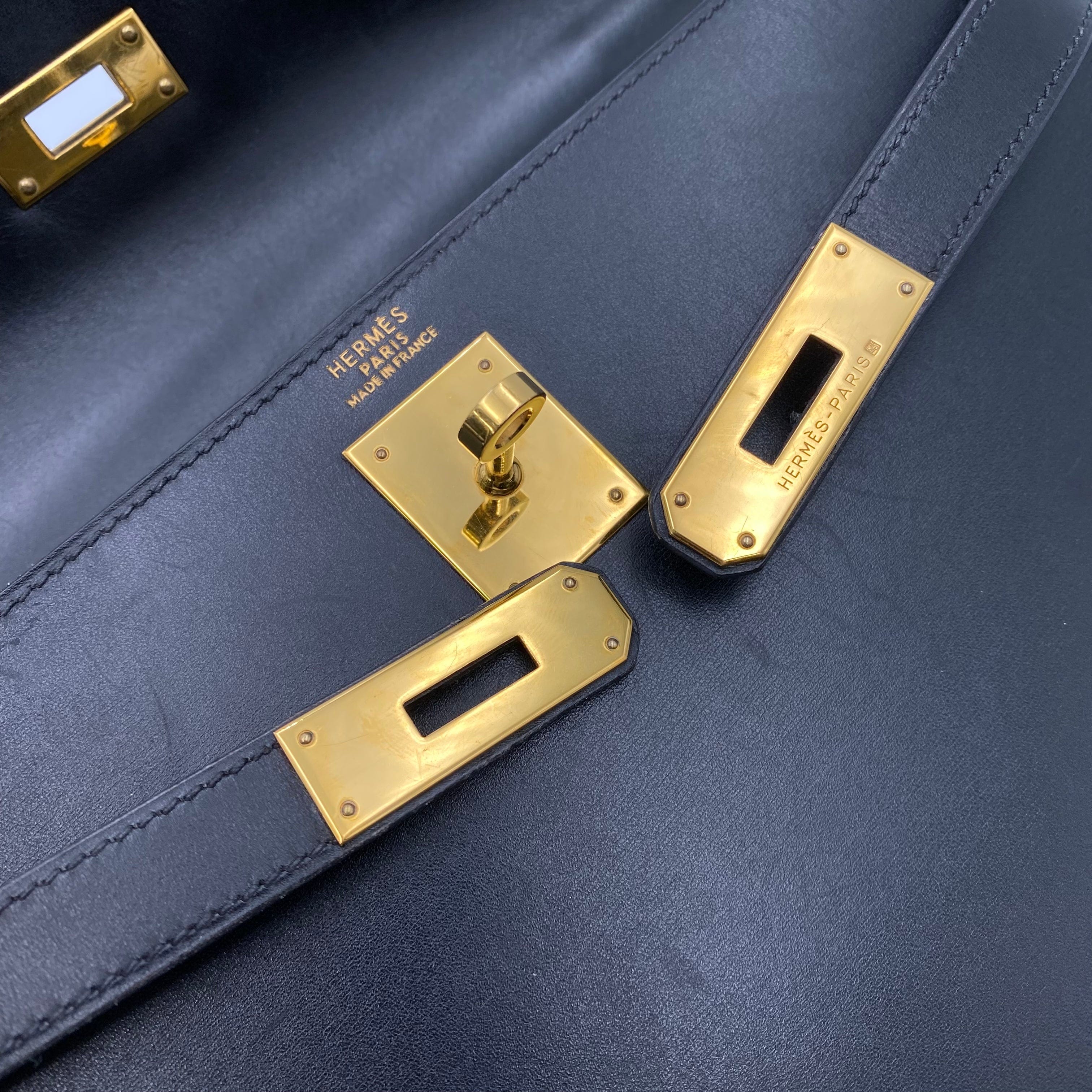 VINTAGE LOVER PURPOSE Hermes Kelly 32 Sellier Black Boxcalf GHW #D Square