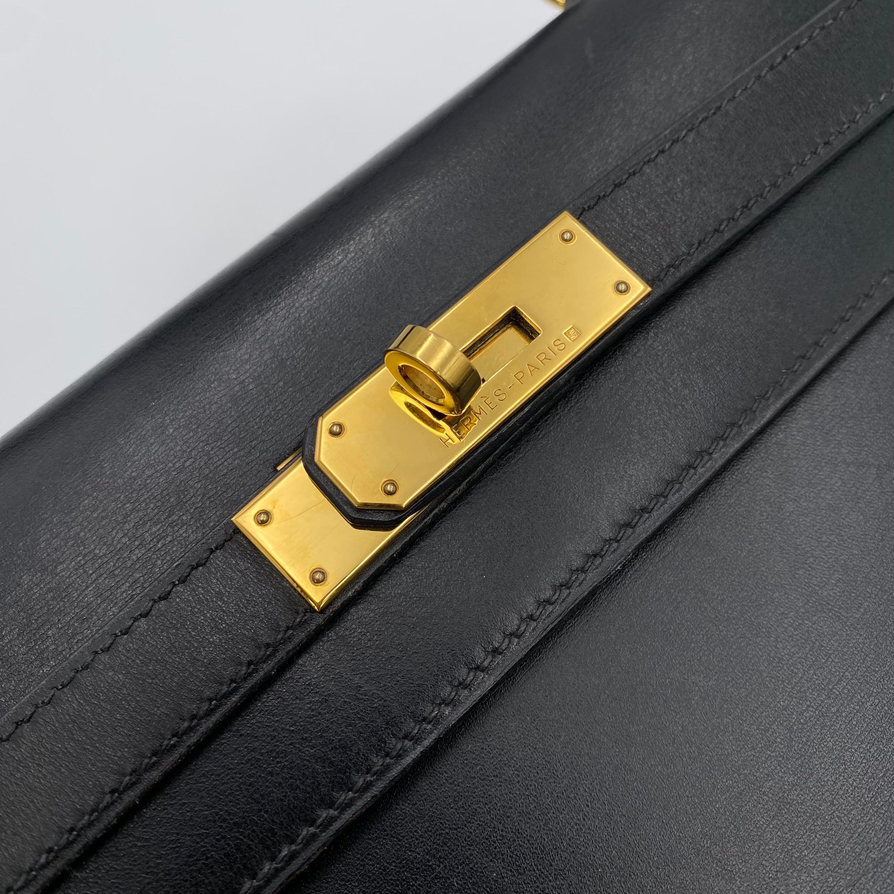 VINTAGE LOVER PURPOSE Hermes Kelly 32 Sellier Black Boxcalf GHW #D Square