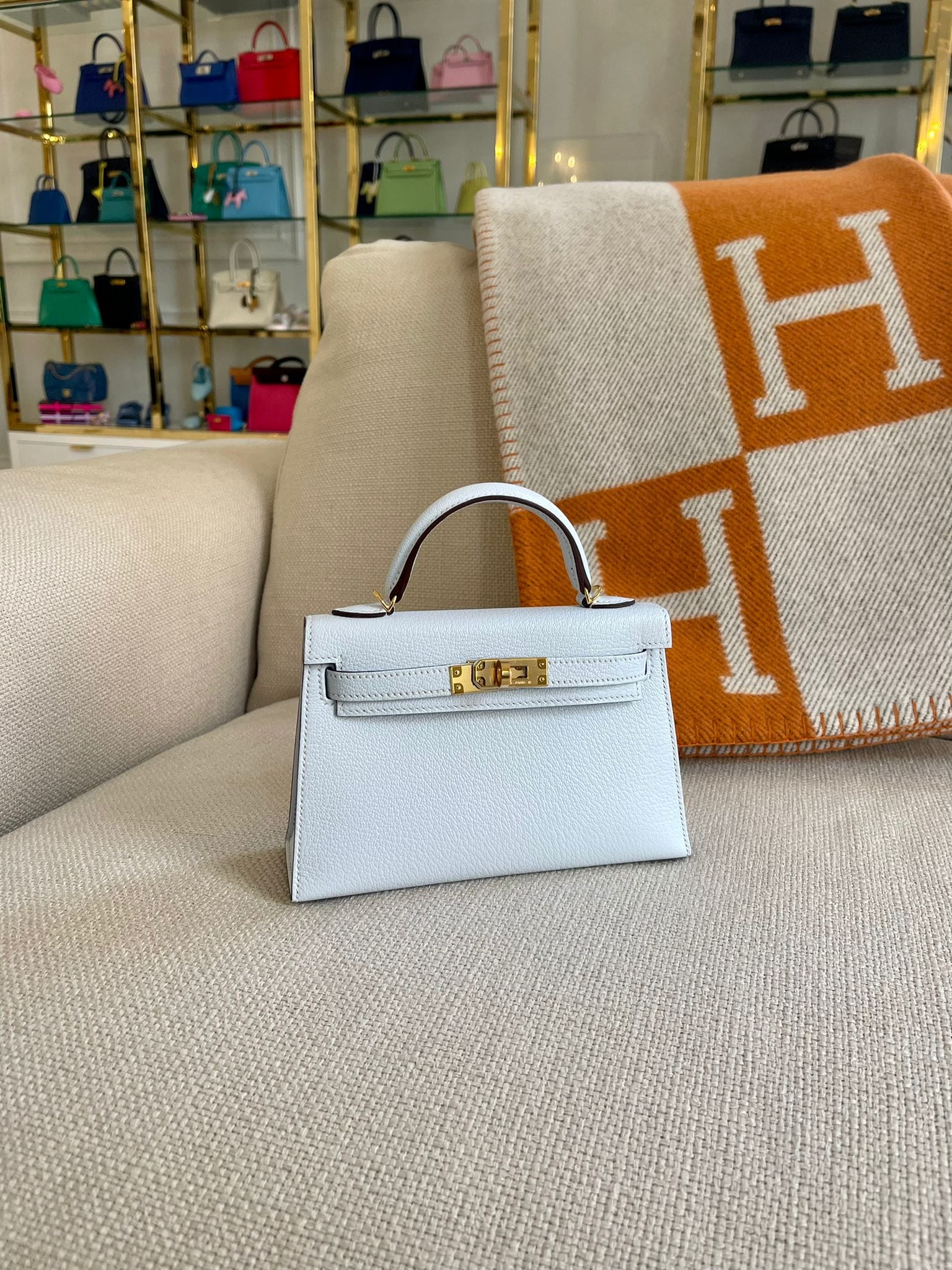 www.LuxuryVault.London HERMÈS MINI KELLY II 20CM BLUE BRUME Chèvre Leather with Gold Hardware