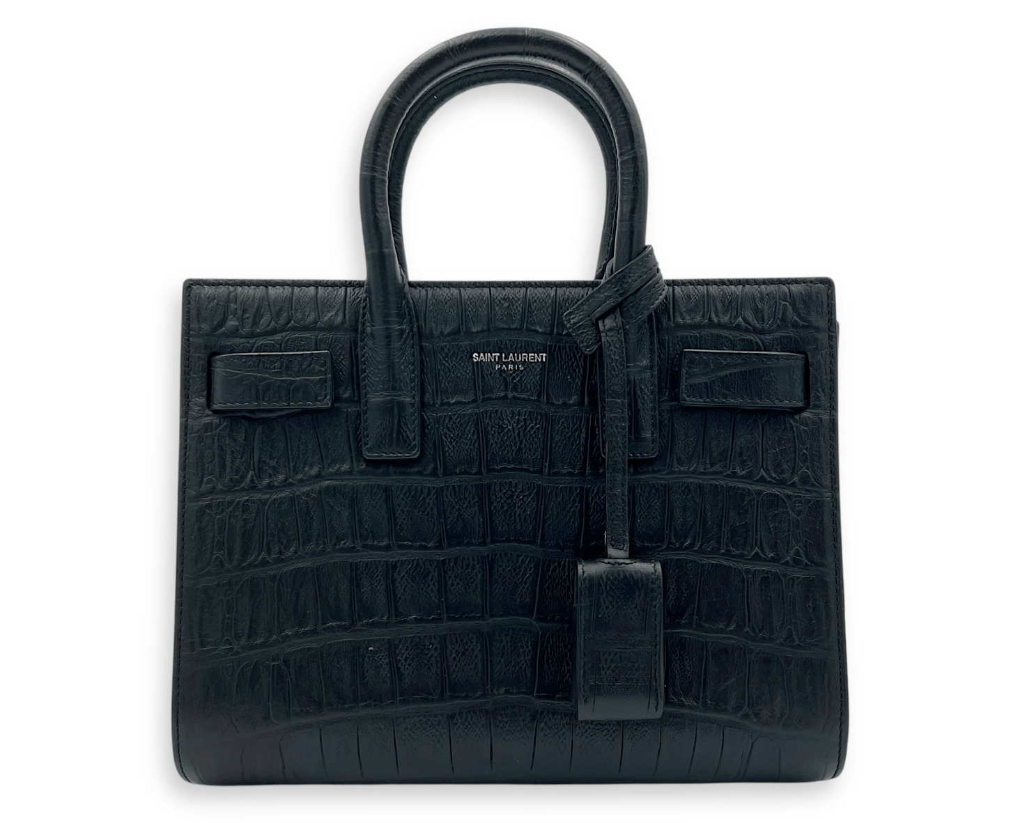 YSL Saint Laurent Sac de Jour Baby Black Top Handle Bag in Croc Embossed, Silver hardware 9383LL
