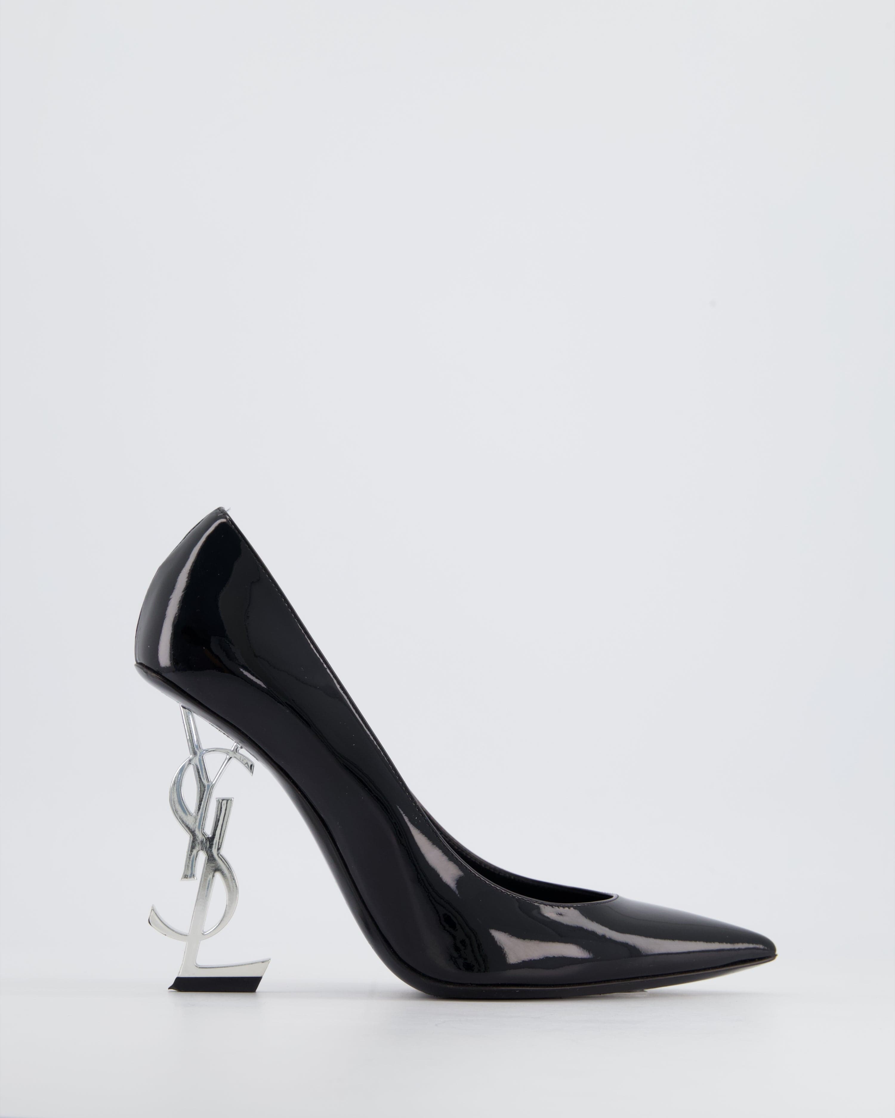 YSL Saint Laurent Black Opyum Patent Pumps with Silver Logo Heel Size EU 38.5