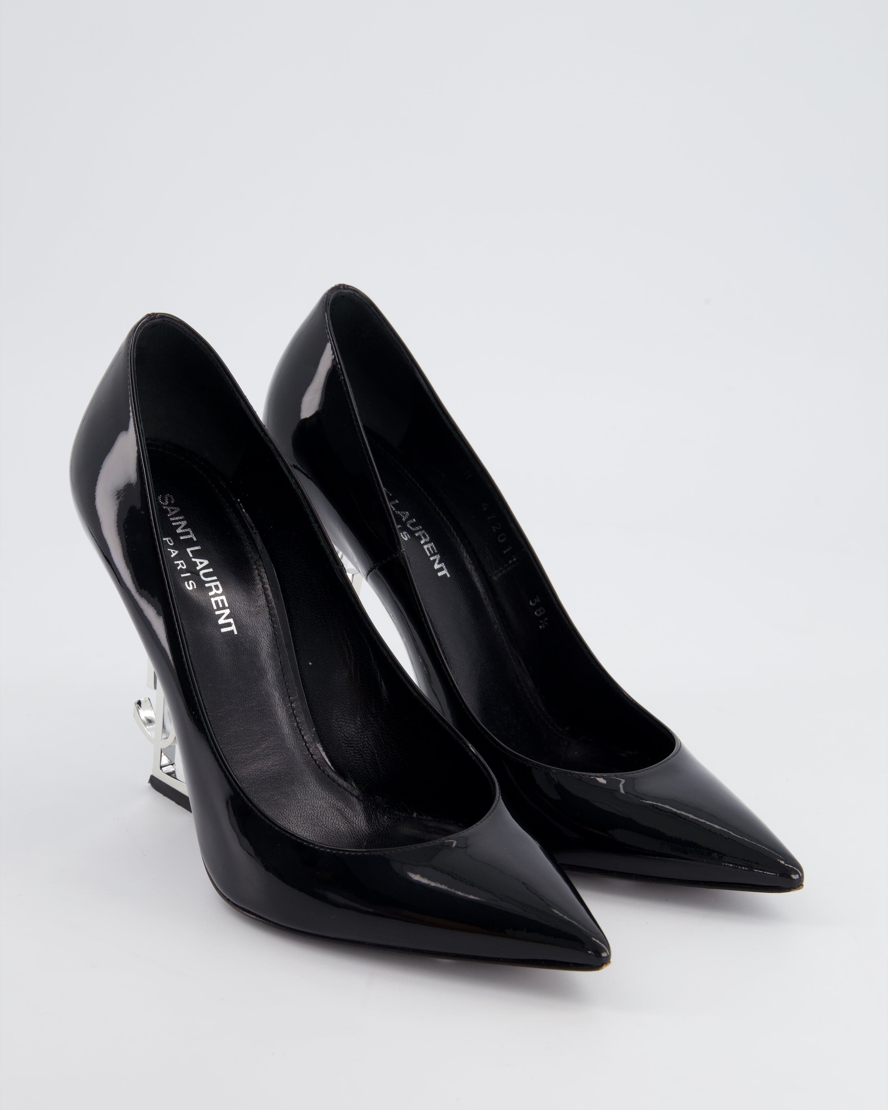 YSL Saint Laurent Black Opyum Patent Pumps with Silver Logo Heel Size EU 38.5