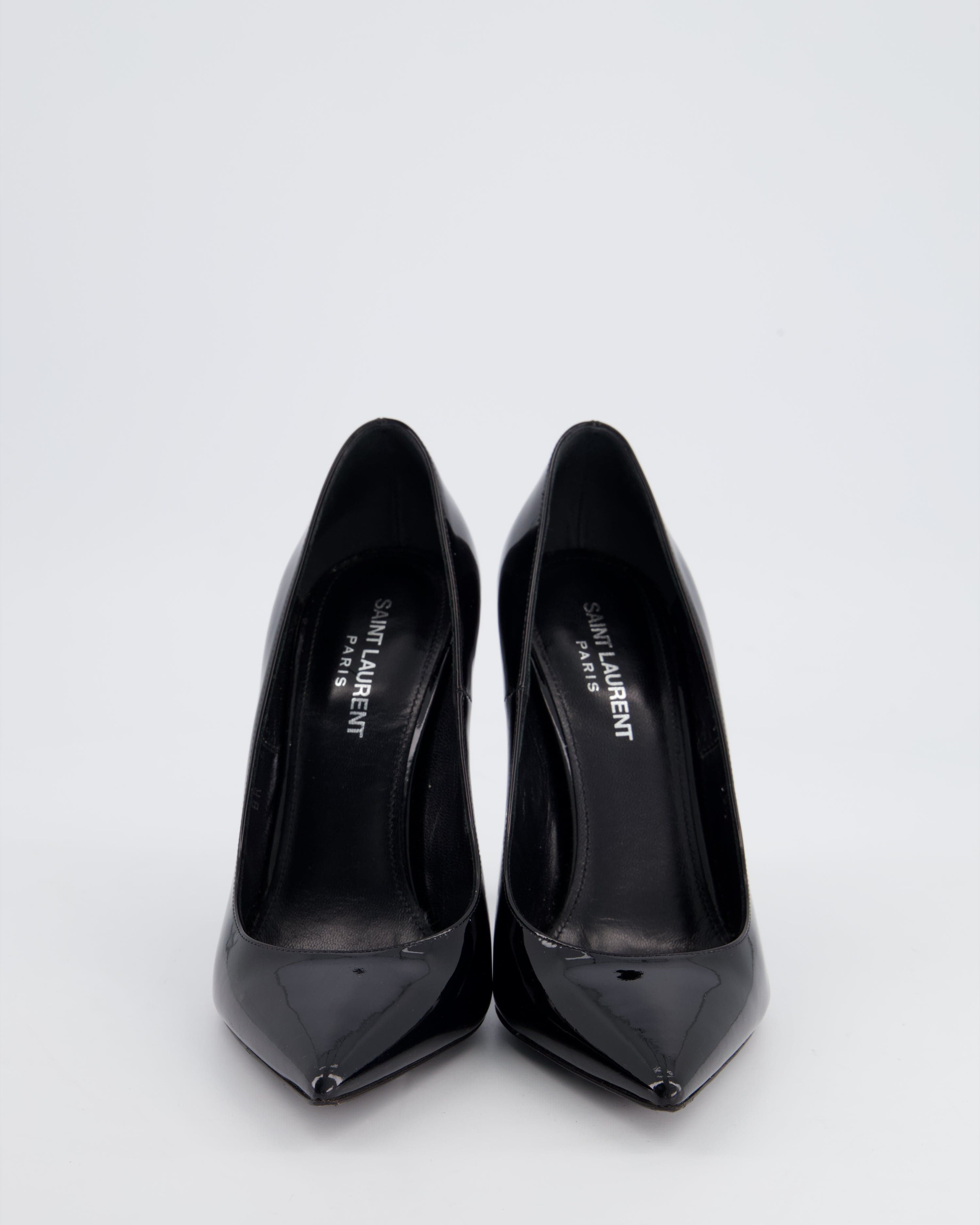 YSL Saint Laurent Black Opyum Patent Pumps with Silver Logo Heel Size EU 38.5