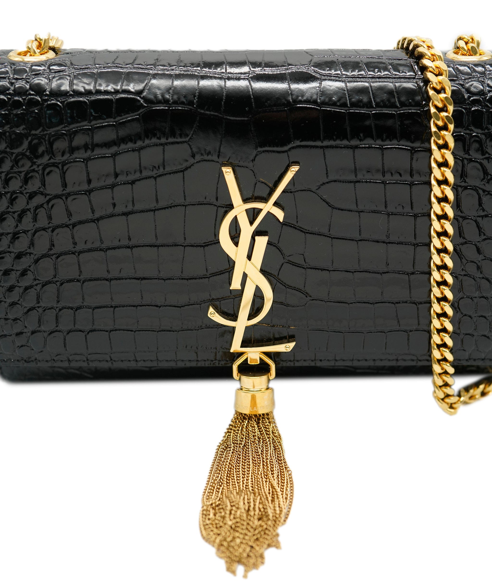 Yves Saint Laurent Saint Laurent Black Crocodile Embossed Leather Small Kate Tassel Chain Shoulder Bag ABC0486