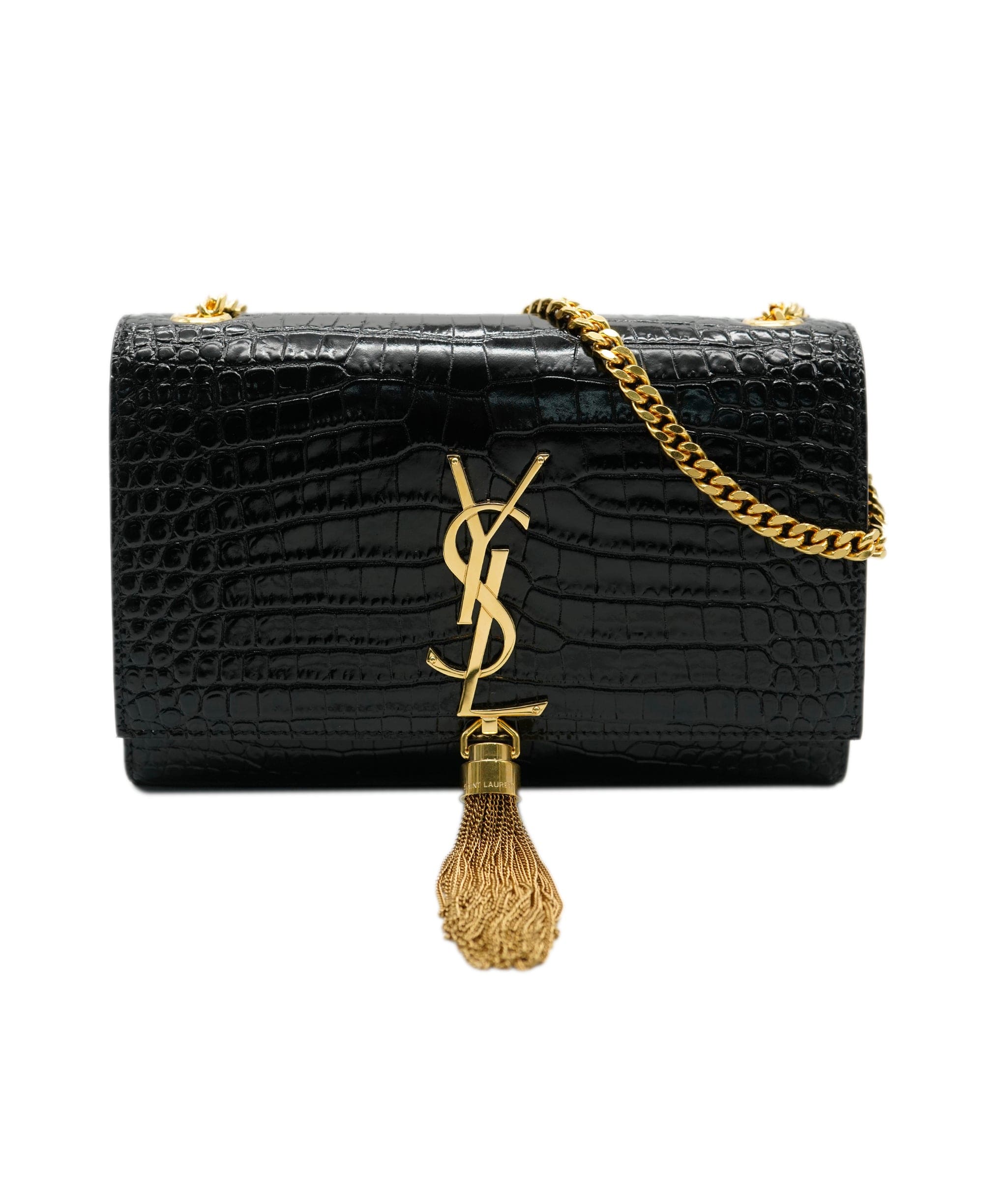 Yves Saint Laurent Saint Laurent Black Crocodile Embossed Leather Small Kate Tassel Chain Shoulder Bag ABC0486