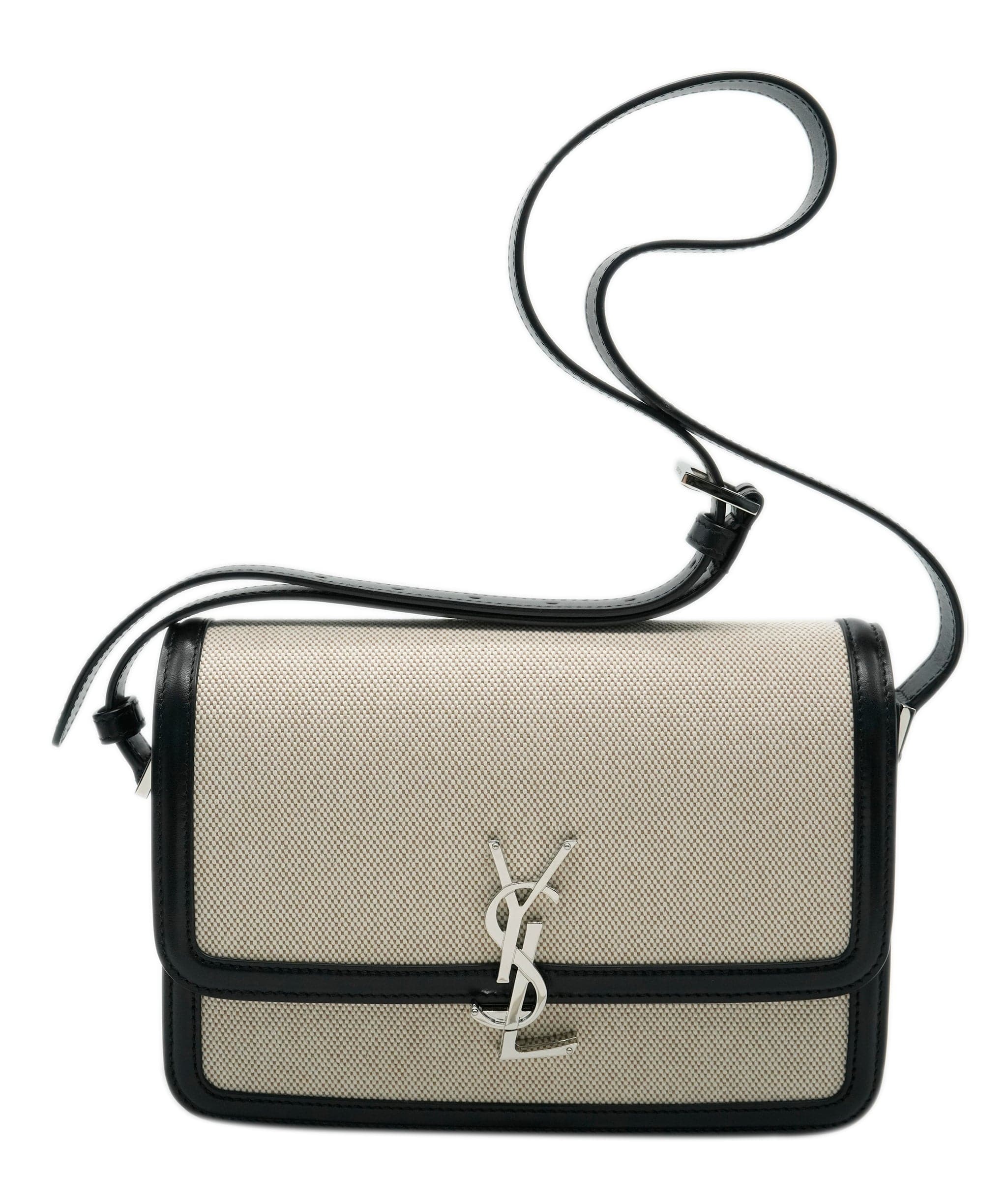 Yves Saint Laurent Saint Laurent Black Leather Beige Canvas Medium Solferino ABC0708