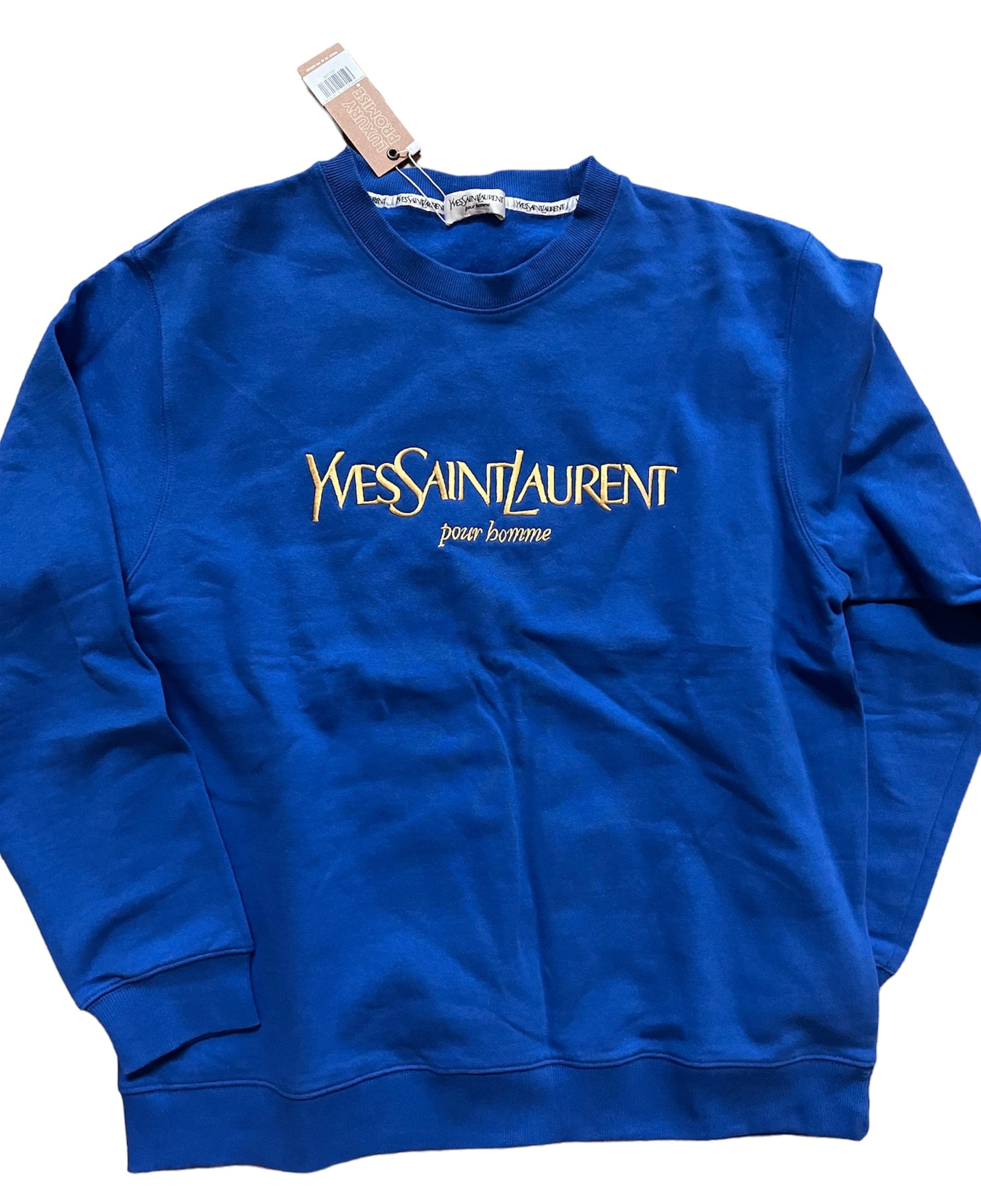 Yves Saint Laurent YSL Sweatshirt Royal Blue with Yellow Logo "Yves Saint Laurent Paris pour homme" Sz L UKL1280