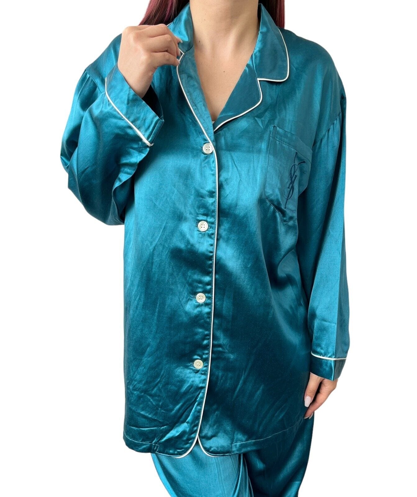 Yves Saint Laurent Yves Saint Laurent Vintage Logo Pajama #M Room Wear Blue Silk Satin RankAB