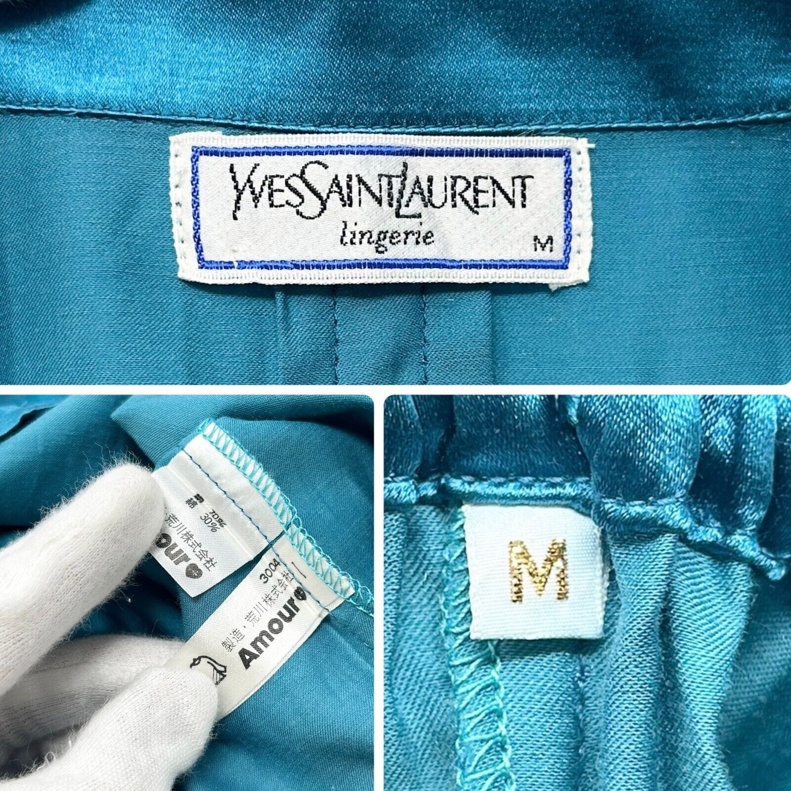 Yves Saint Laurent Yves Saint Laurent Vintage Logo Pajama #M Room Wear Blue Silk Satin RankAB