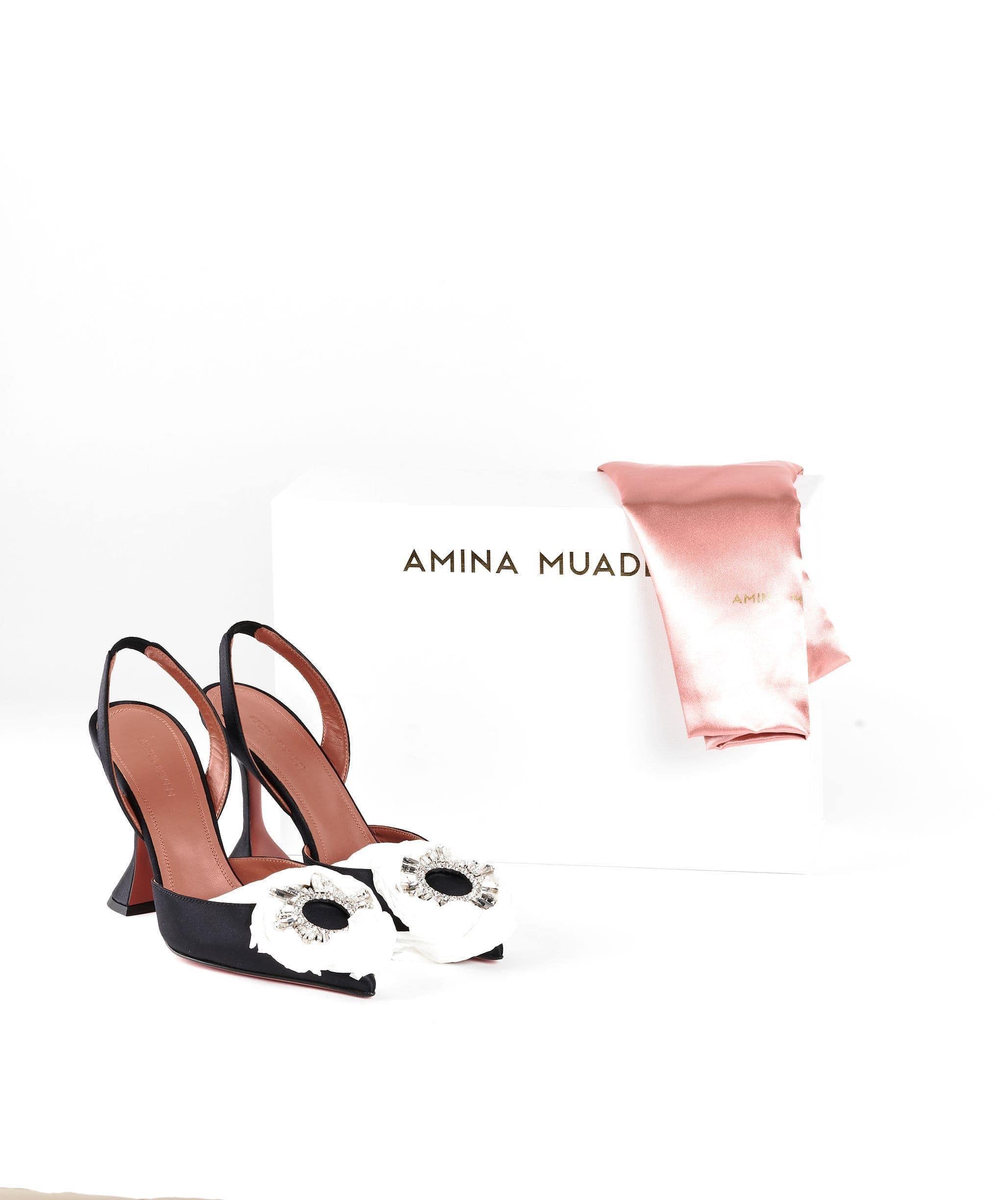 Amina Muaddi Black Satin Begum Heels Size 39