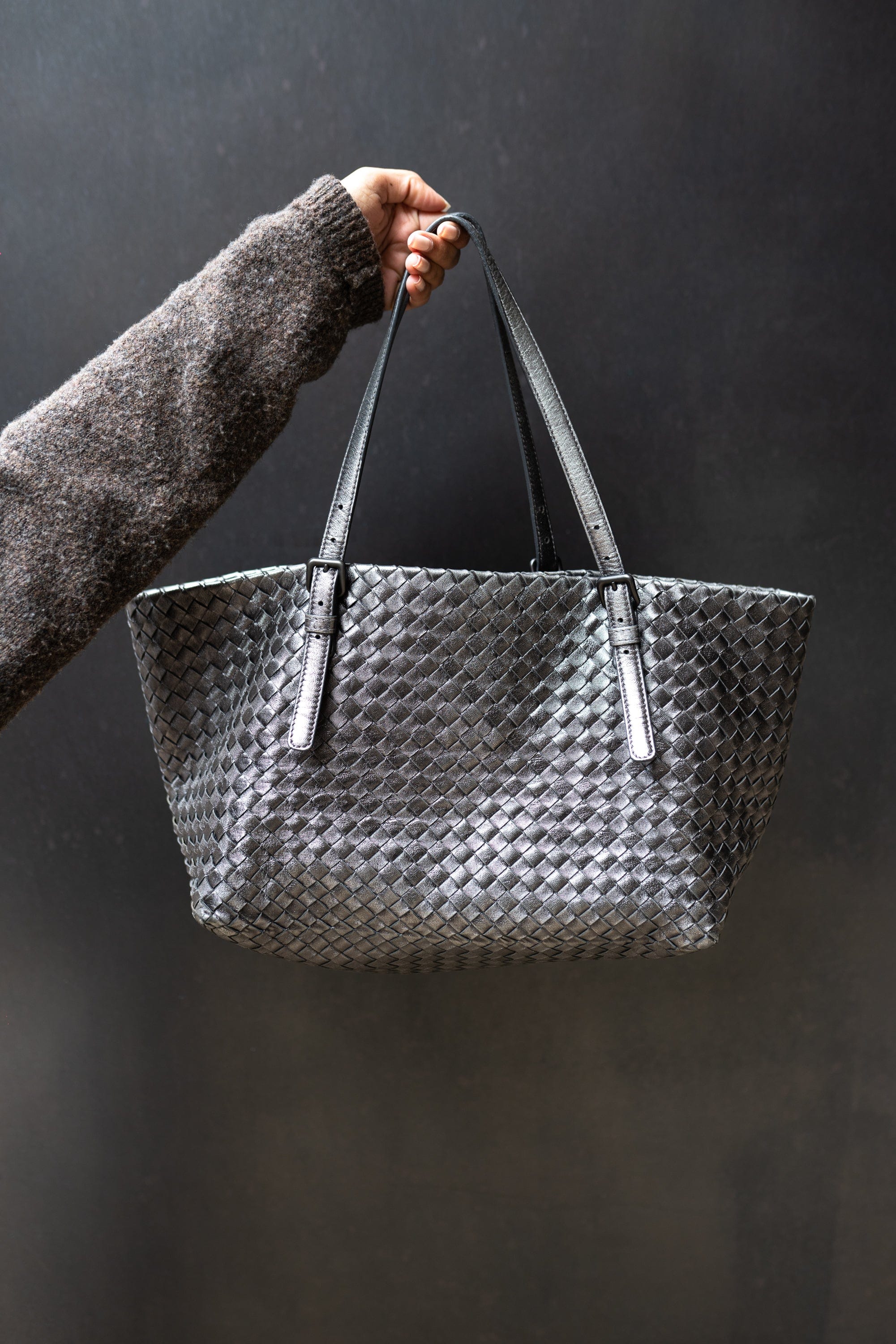 Bottega Bottega Veneta Metallic Grey Intrecciato Leather Soft Tote Bag - AGL1718