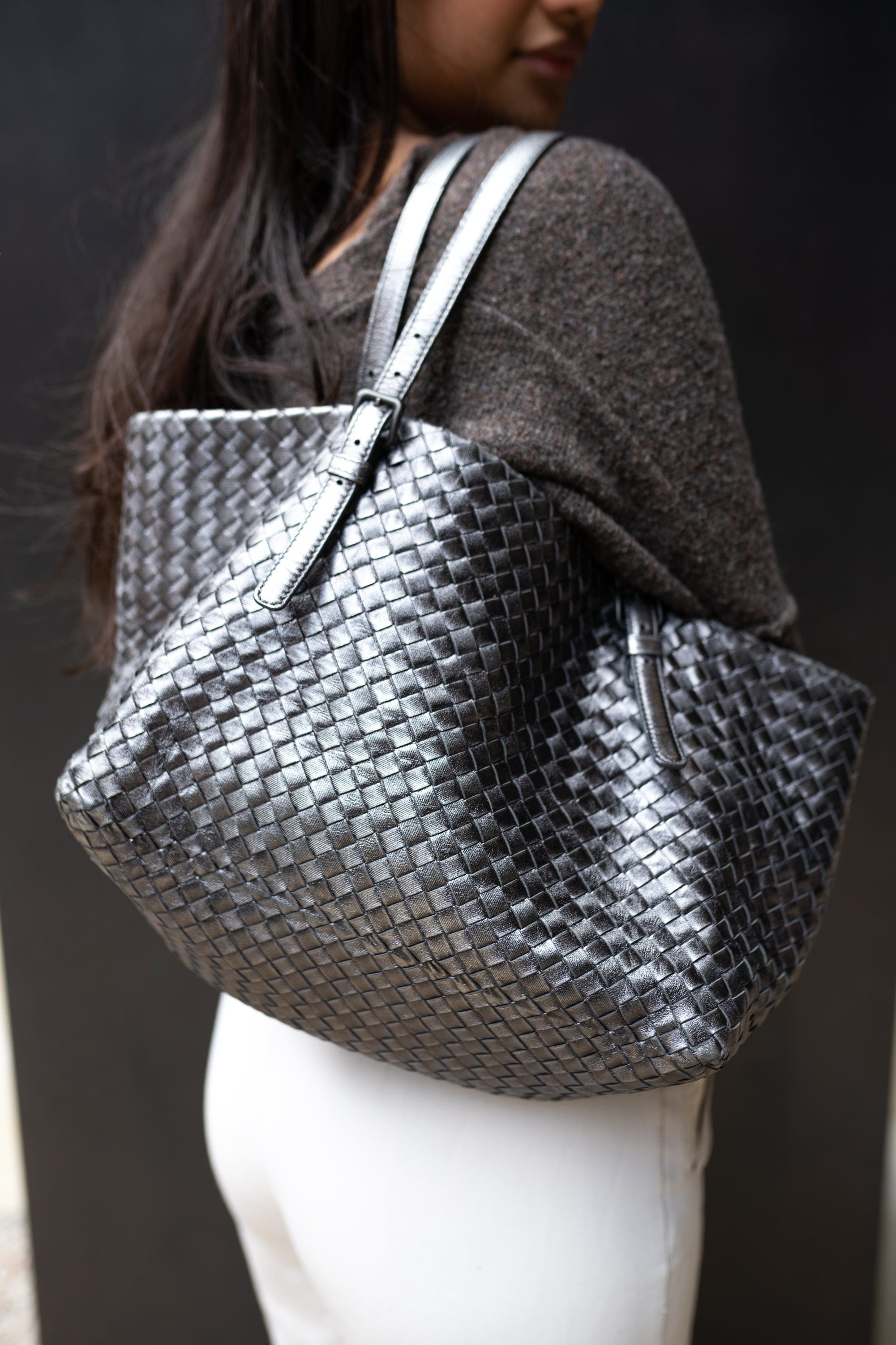 Bottega Bottega Veneta Metallic Grey Intrecciato Leather Soft Tote Bag - AGL1718