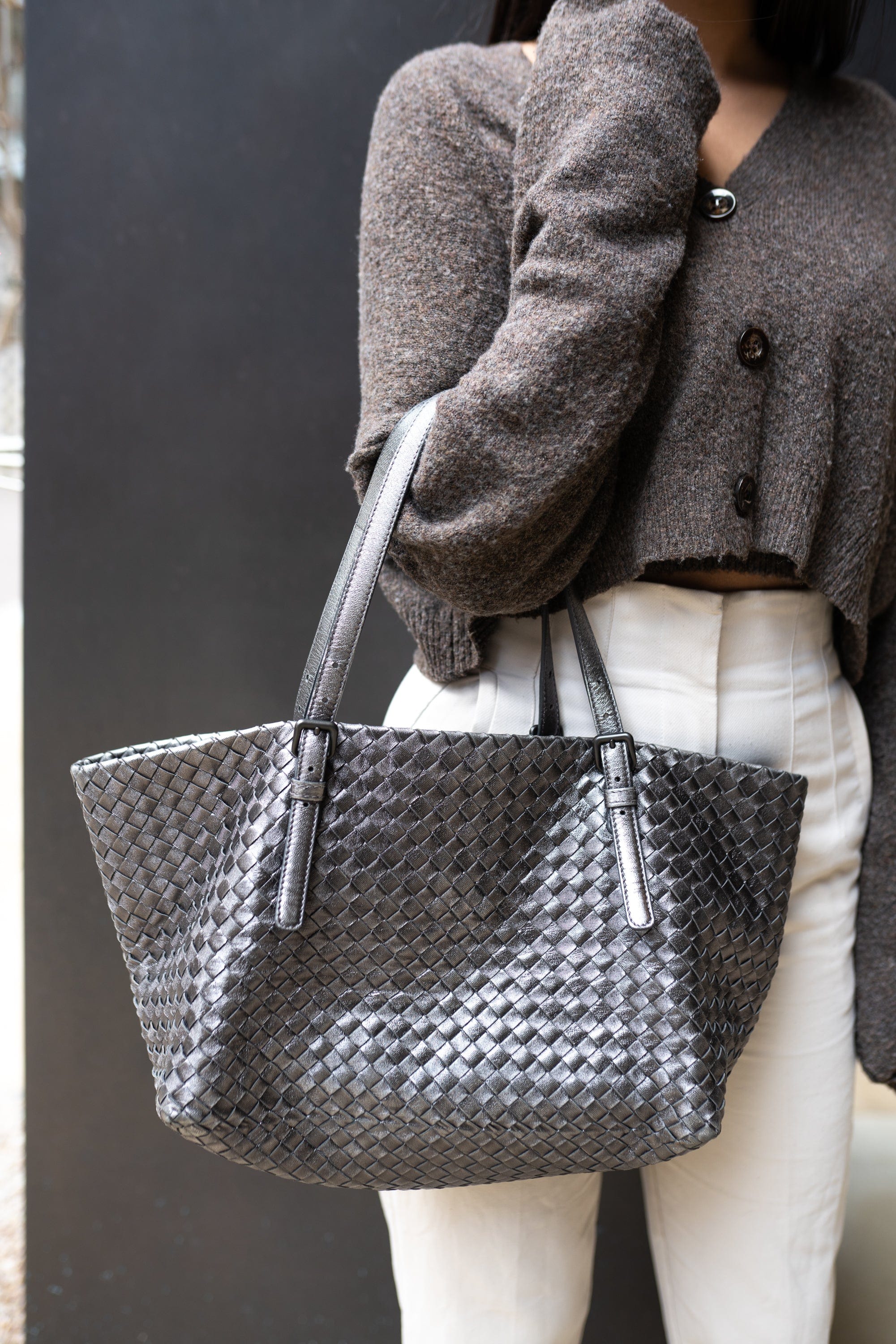 Bottega Bottega Veneta Metallic Grey Intrecciato Leather Soft Tote Bag - AGL1718