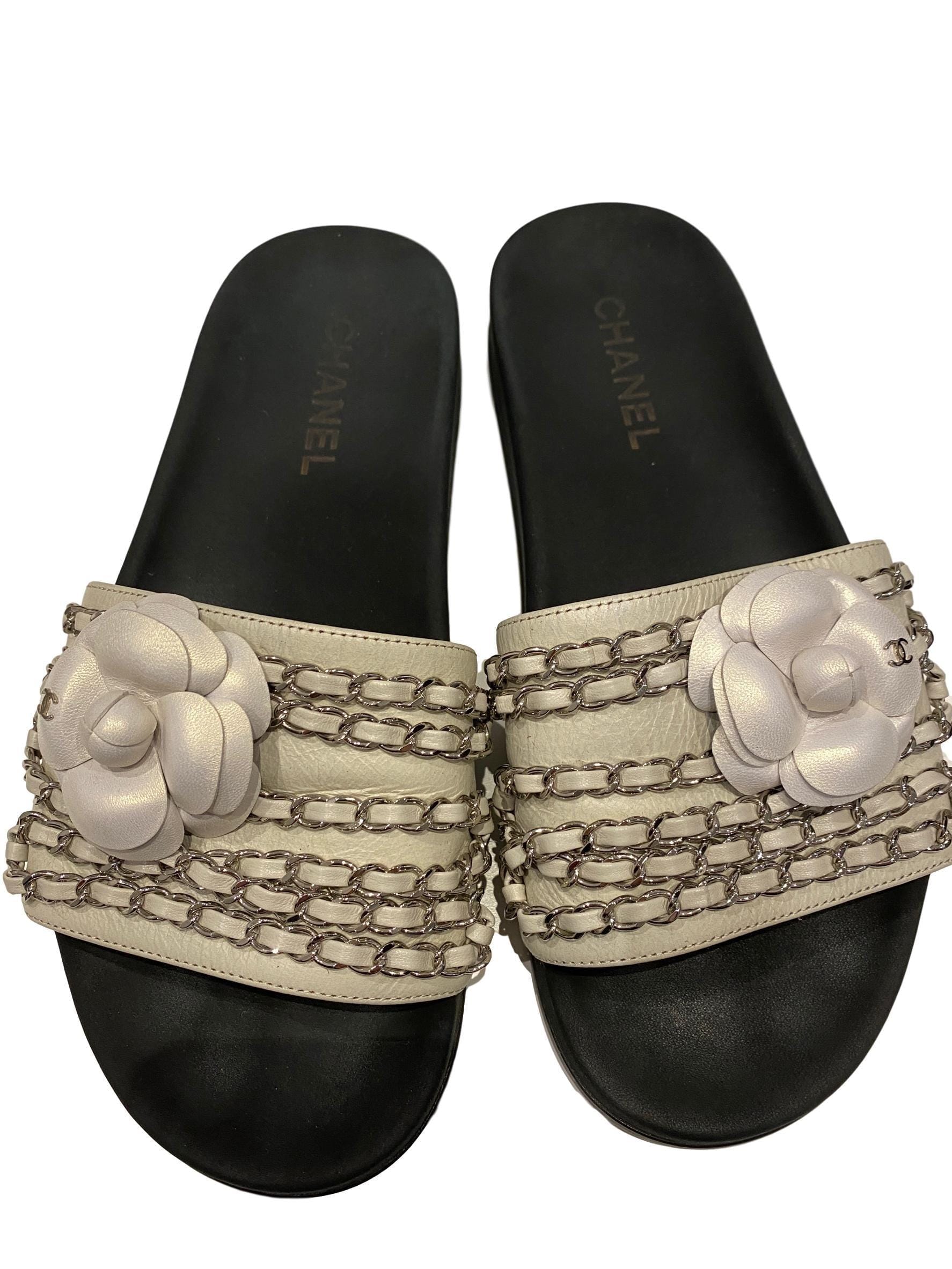 Chanel Chanel White Camelia Chain Slides 40EU