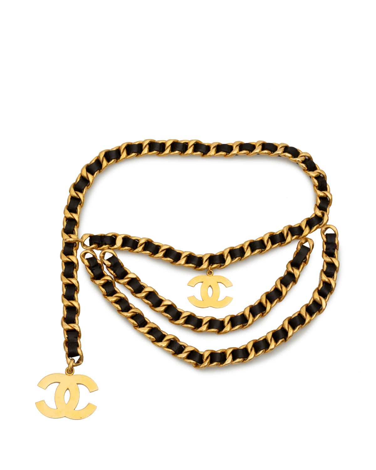 Chanel Chanel Black Leather Woven 24k Gold Multi Chain Belt - AGL1538