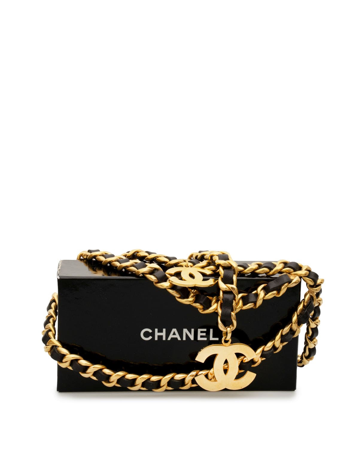 Chanel Chanel Black Leather Woven 24k Gold Multi Chain Belt - AGL1538