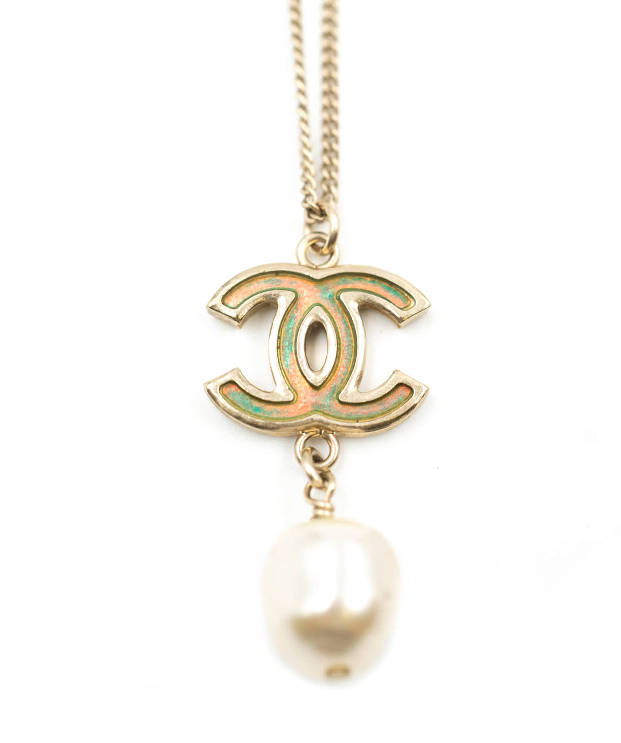 Chanel Chanel Champagne Gold Plated CC Faux Pearl Pendant Necklace