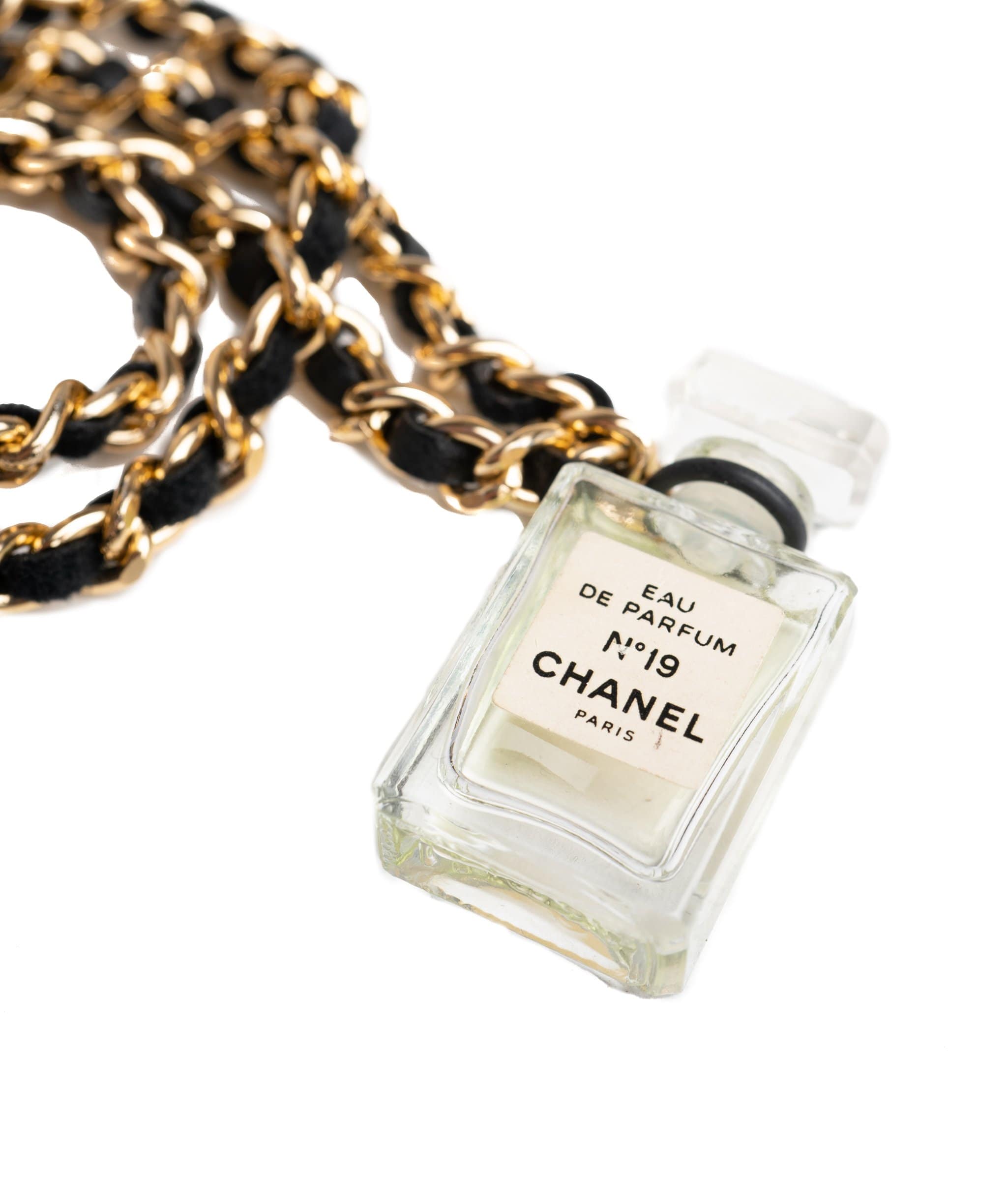 Chanel Chanel glass perfume bottle with black and gold rope necklace ASL1102