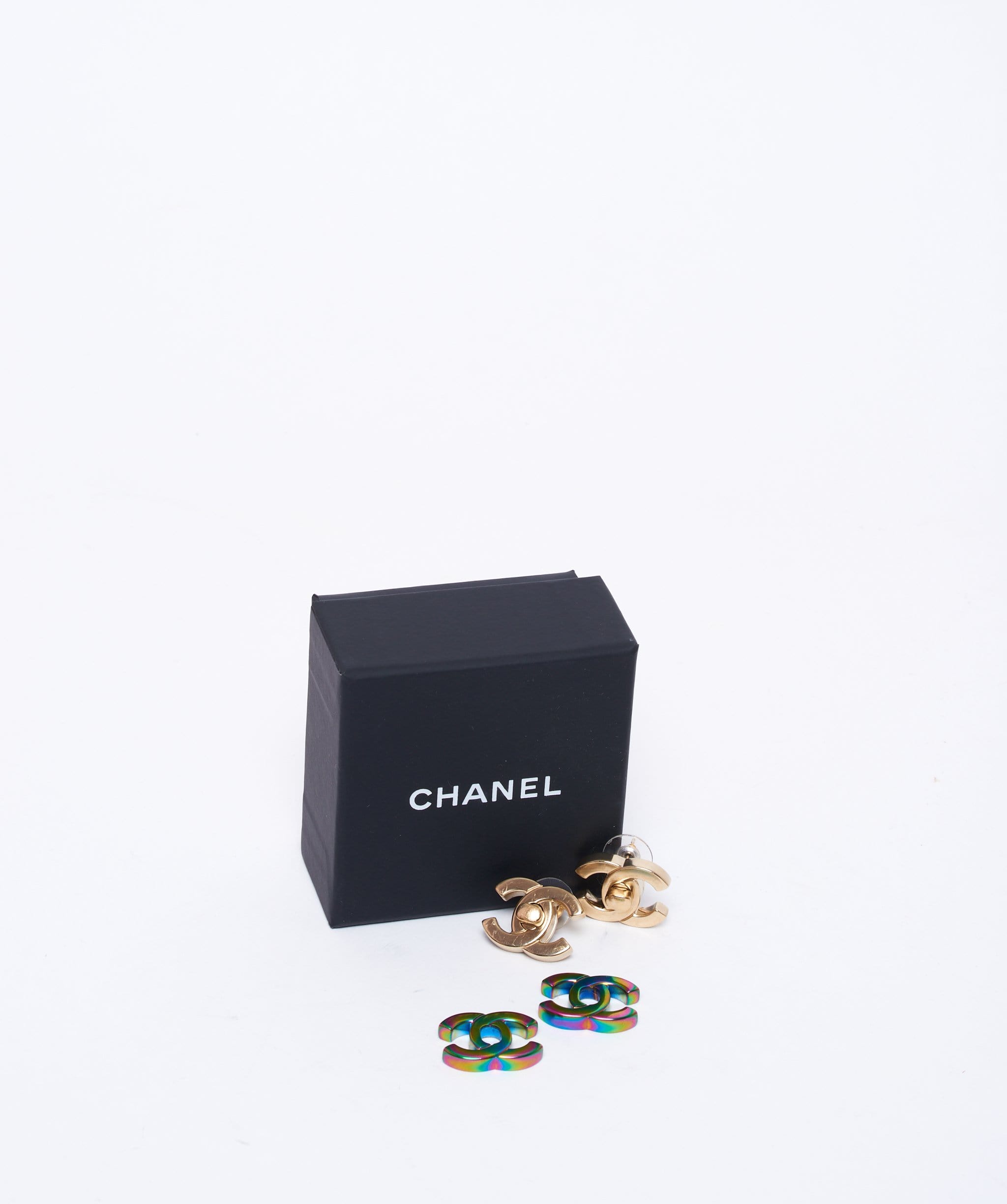 Chanel Chanel gold and raindow interchangeable lock CC stud earrings