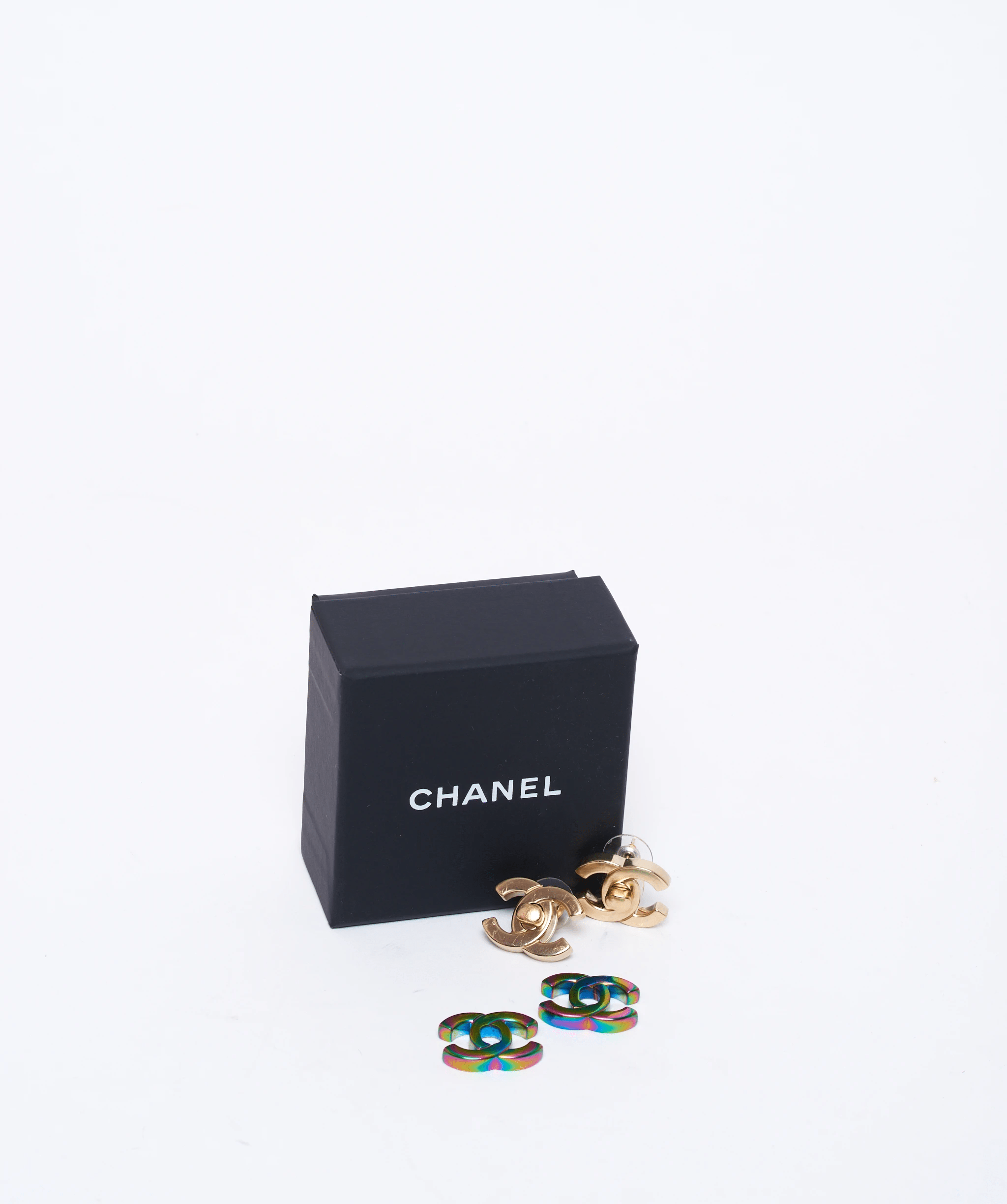 Chanel Chanel gold and raindow interchangeable lock CC stud earrings