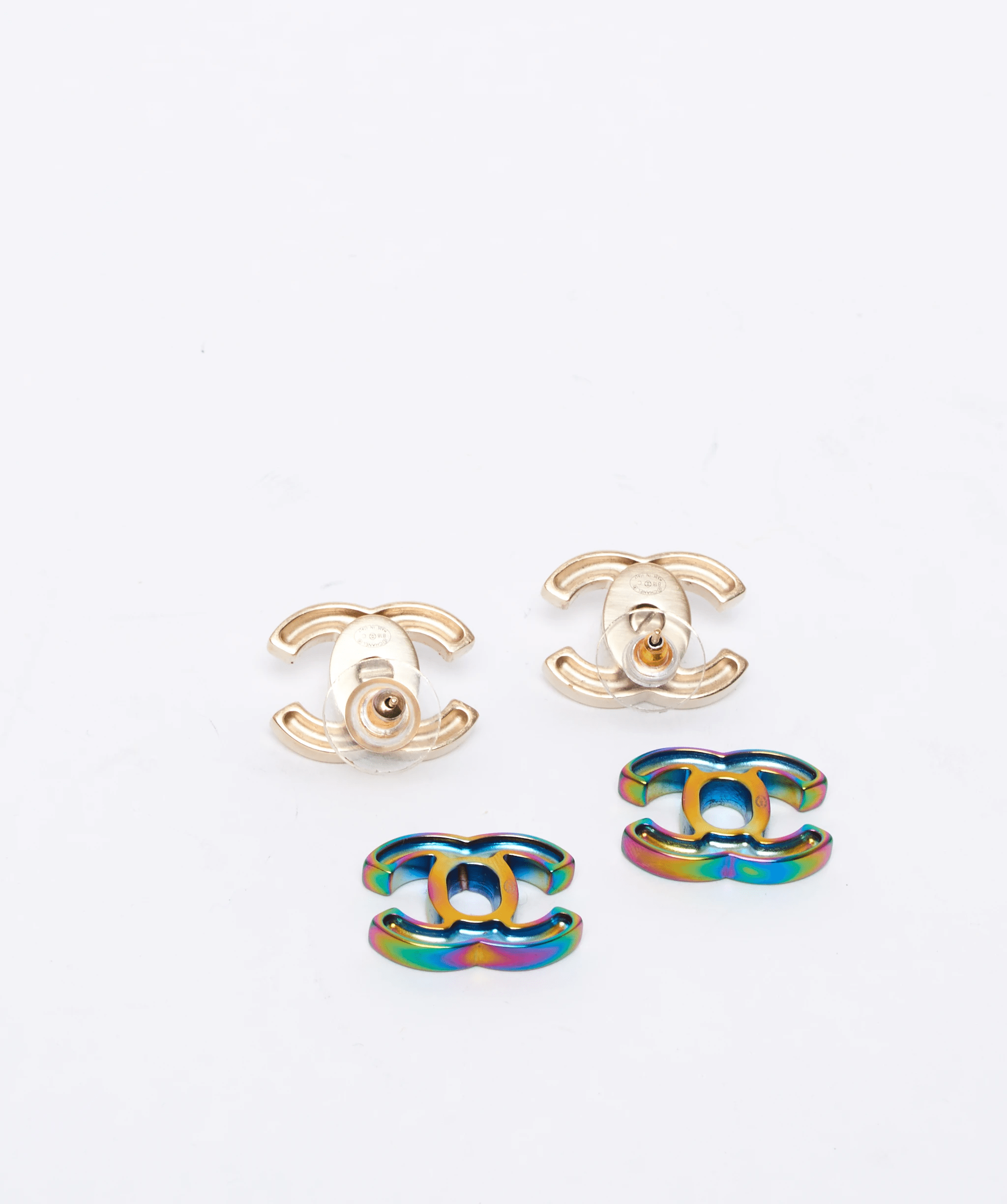 Chanel Chanel gold and raindow interchangeable lock CC stud earrings