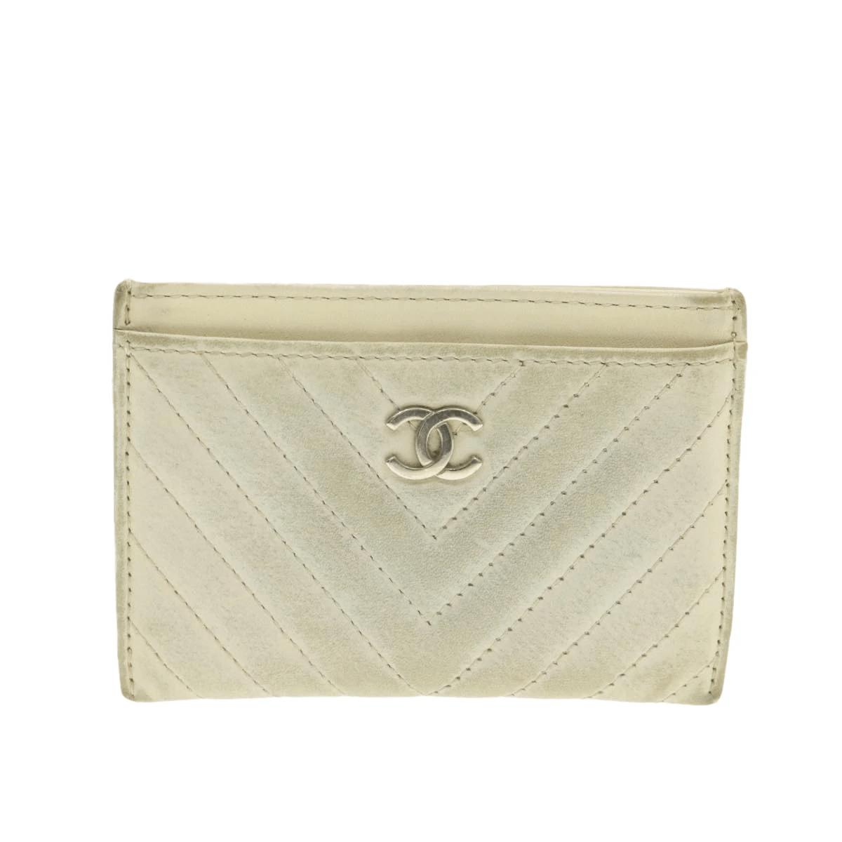 Chanel CHANEL Lamb Skin Mademoiselle Card Case White CC Auth yk538