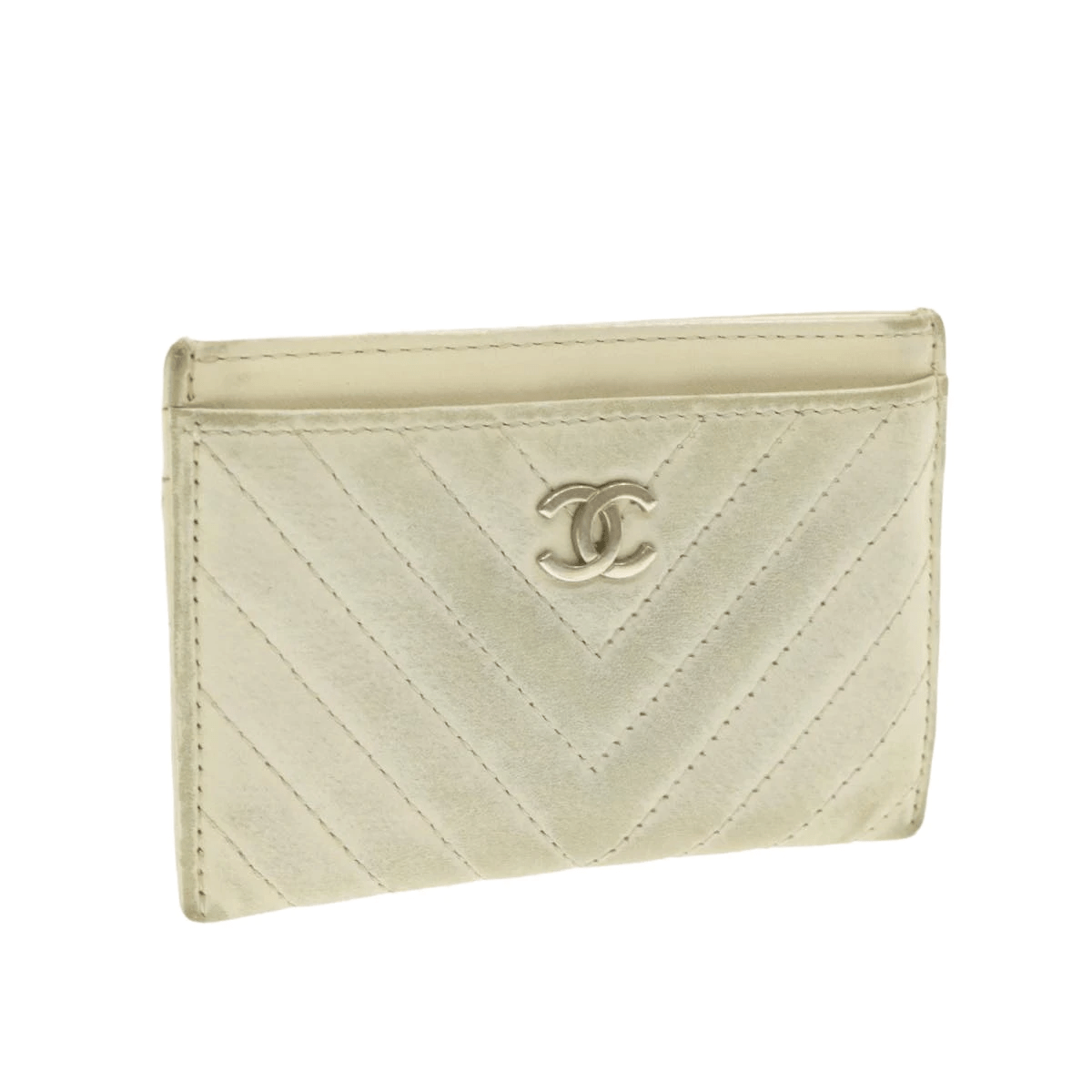 Chanel CHANEL Lamb Skin Mademoiselle Card Case White CC Auth yk538