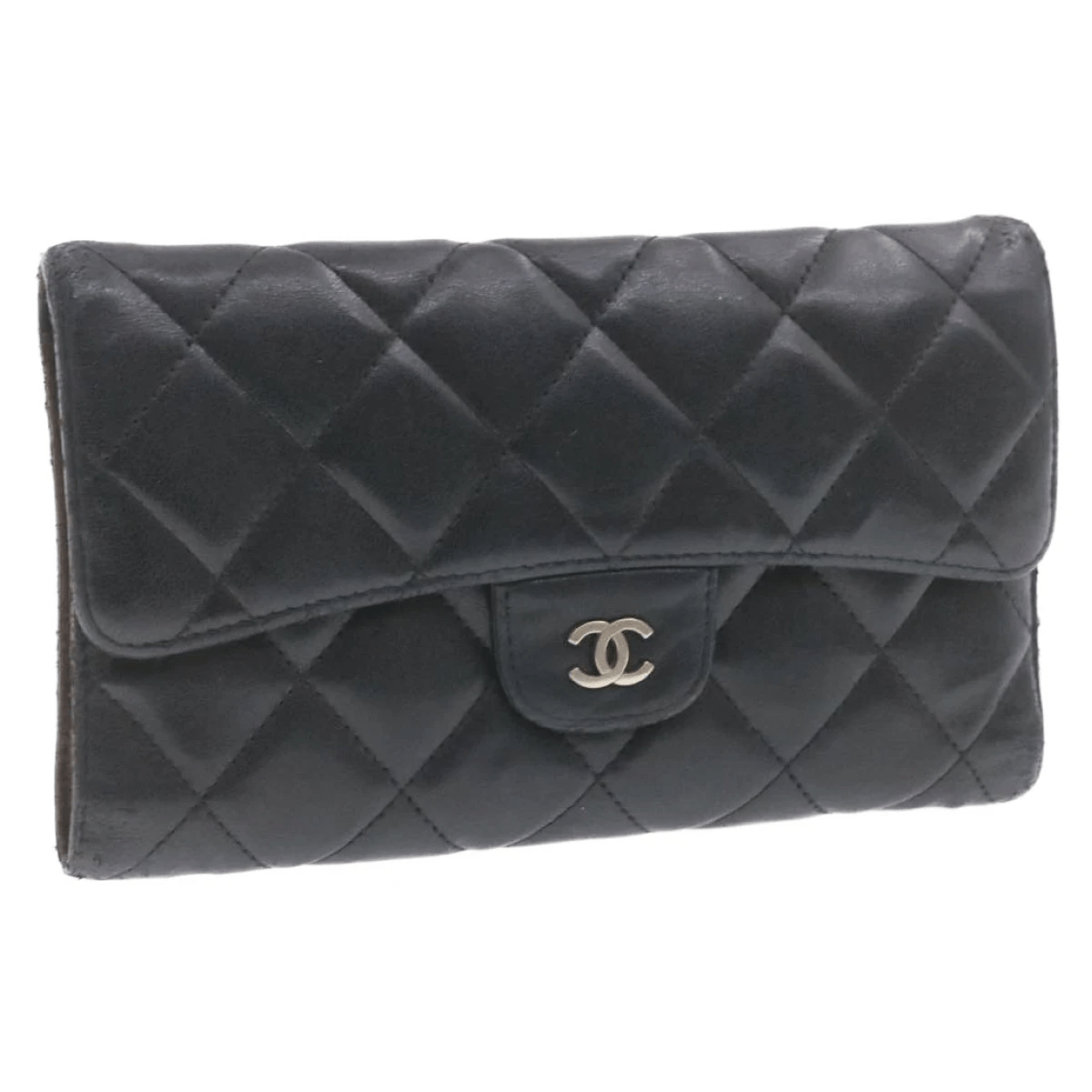 Chanel Chanel Lamb Skin Matelasse Long Wallet Black CC Auth 13203