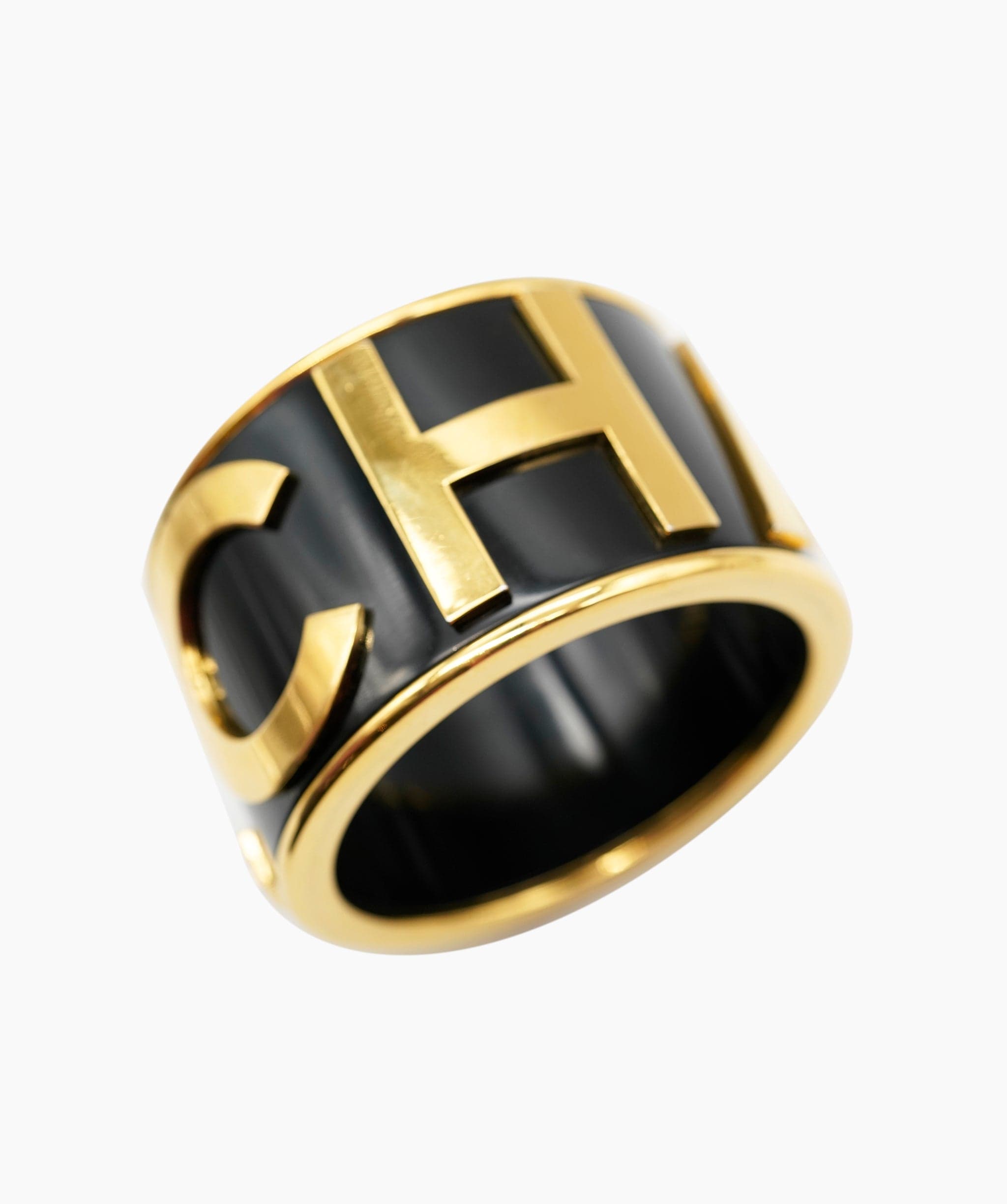 Chanel Chanel Runway 1986 Large Black Cuff With CHANEL Spelled out in Gold Tone AWL4270