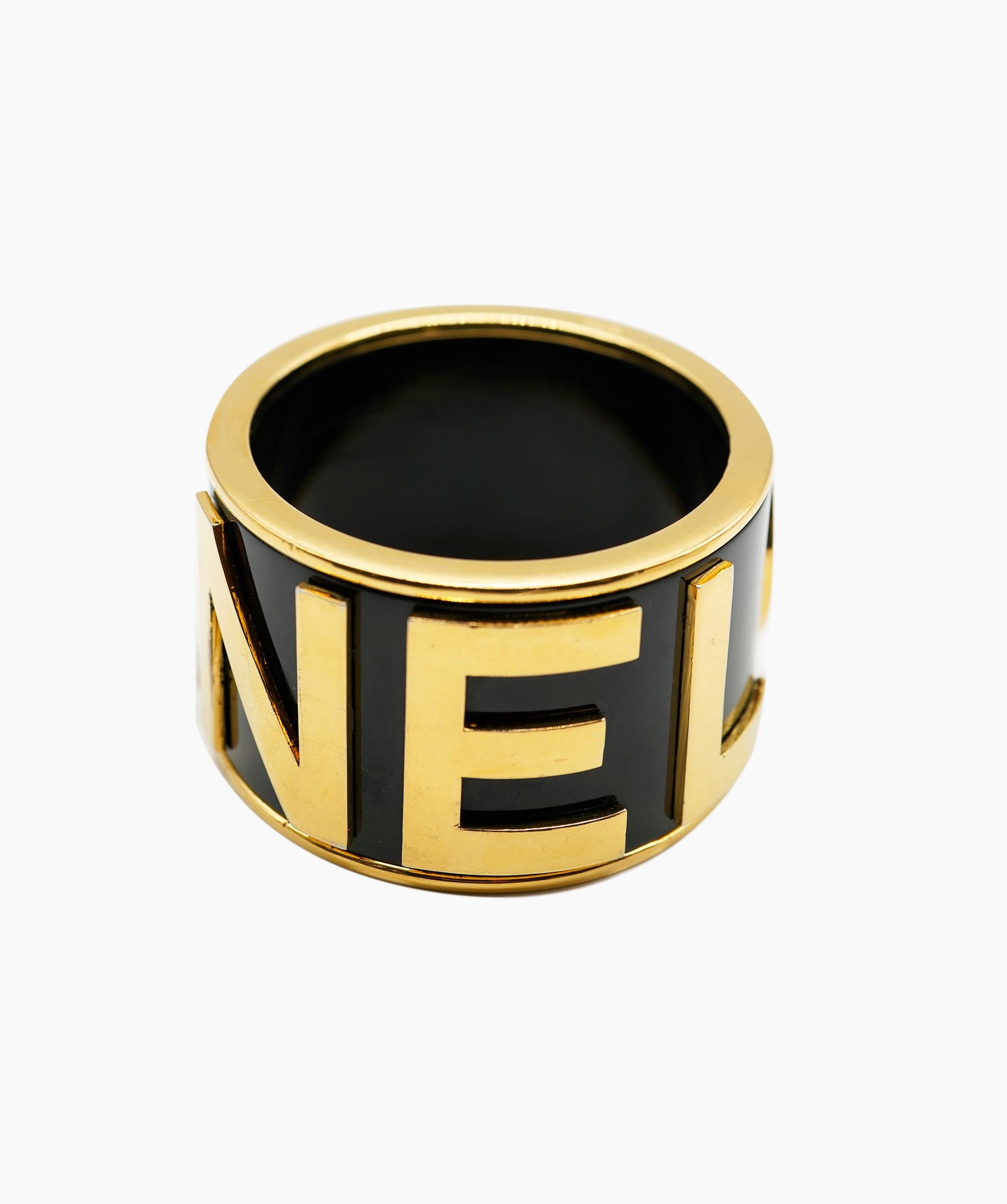 Chanel Chanel Runway 1986 Large Black Cuff With CHANEL Spelled out in Gold Tone AWL4270