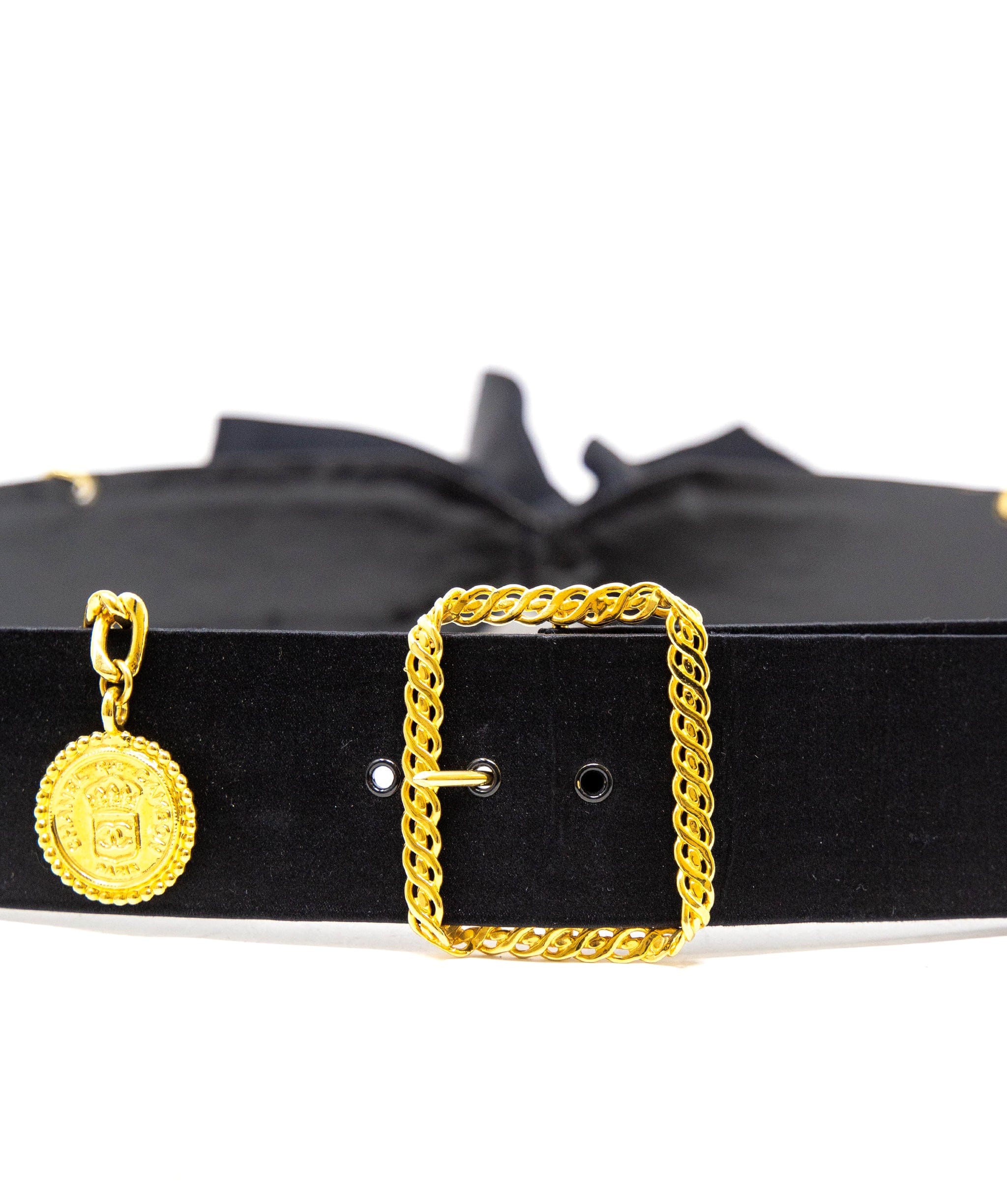 Chanel Chanel Satin Bow Belt with Gold Tone Medallion and Buckle - AWL3561