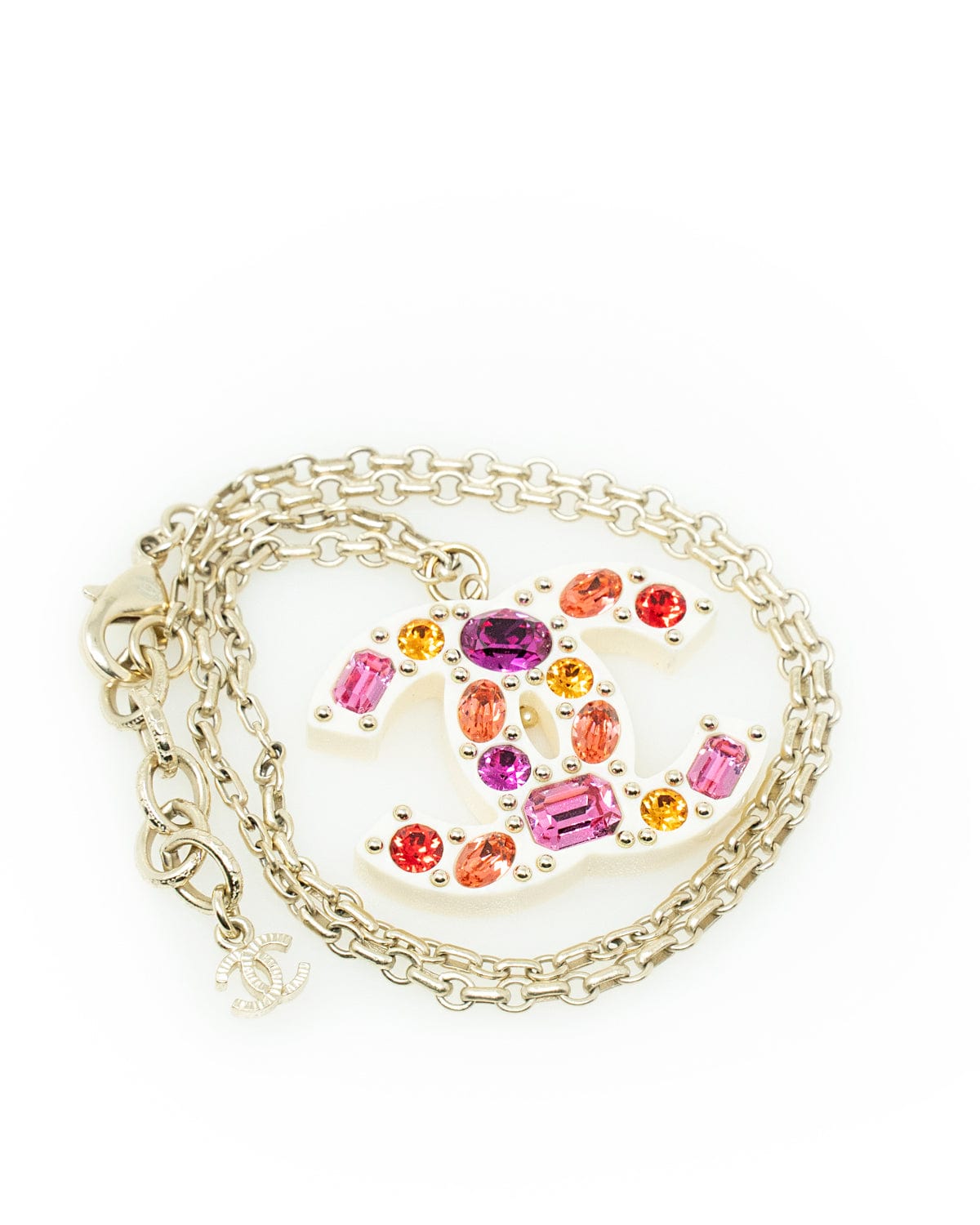 Chanel Chanel silver necklace with pink/orange/white CC pendant with crystal stones. - AJL0011