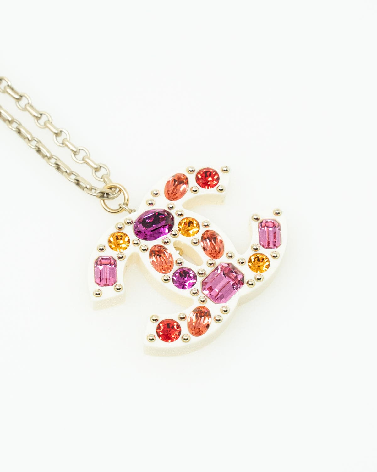 Chanel Chanel silver necklace with pink/orange/white CC pendant with crystal stones. - AJL0011