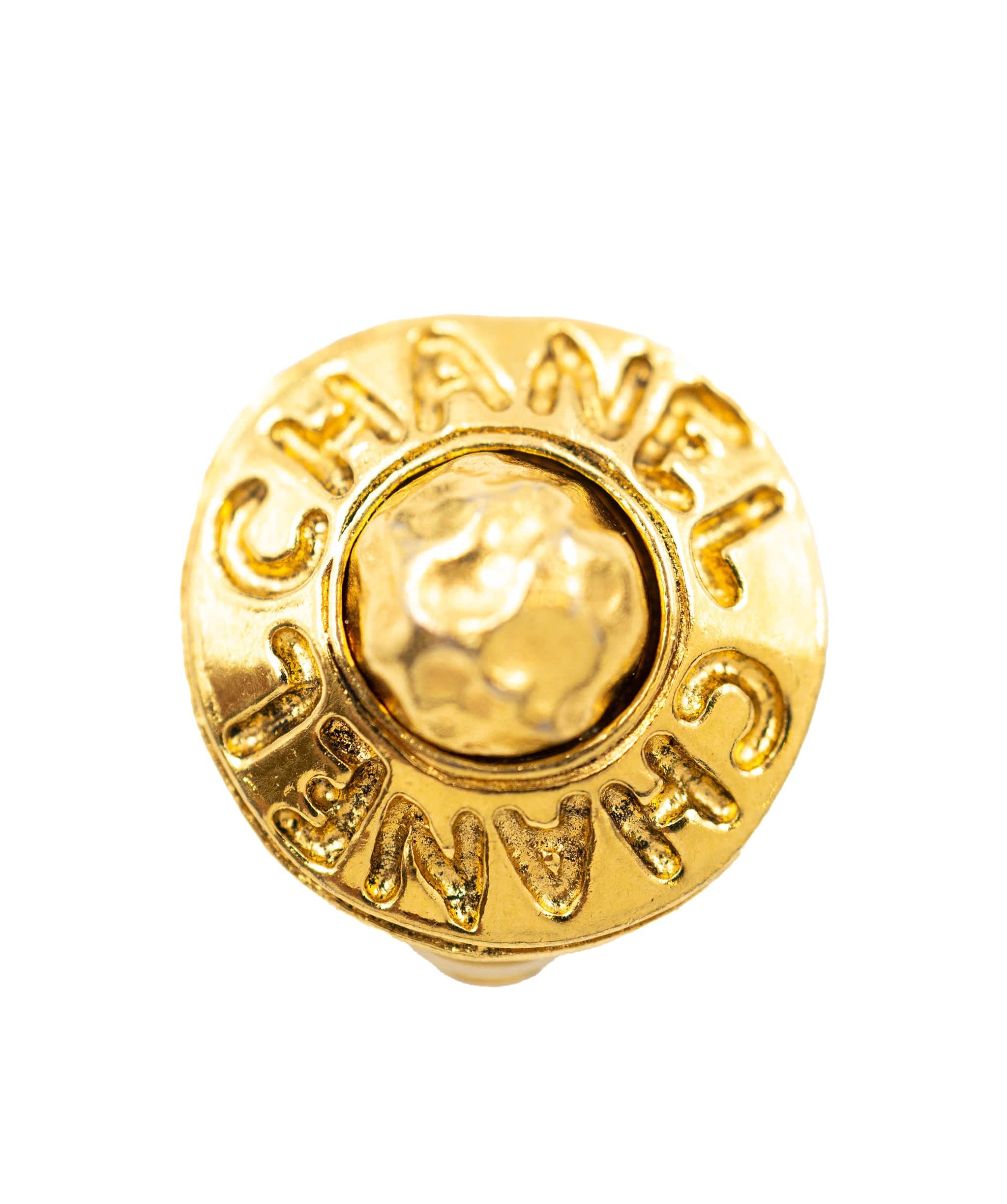 Chanel Chanel small round clip-on earrings with hammered centre and "CHANEL" embossed around AEL1062