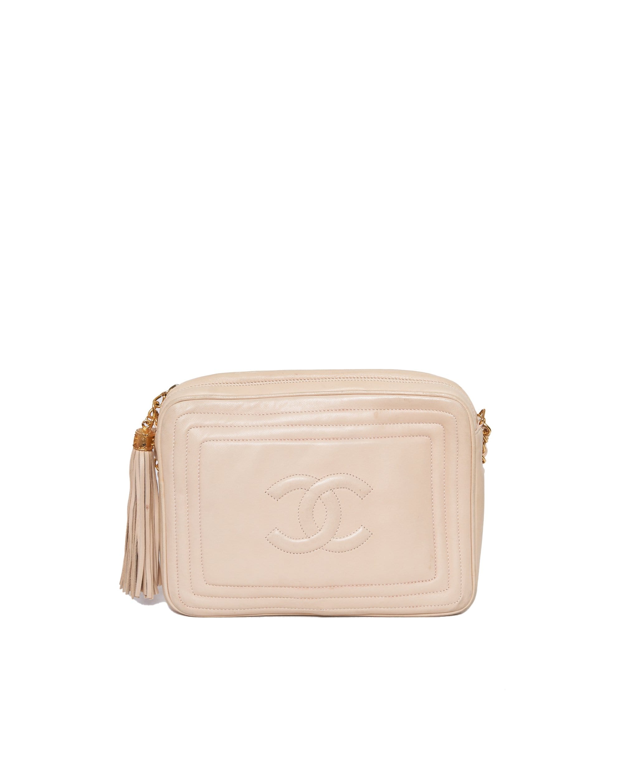 Chanel Chanel beige CC camera bag with square  stitch and fringe AWL2173