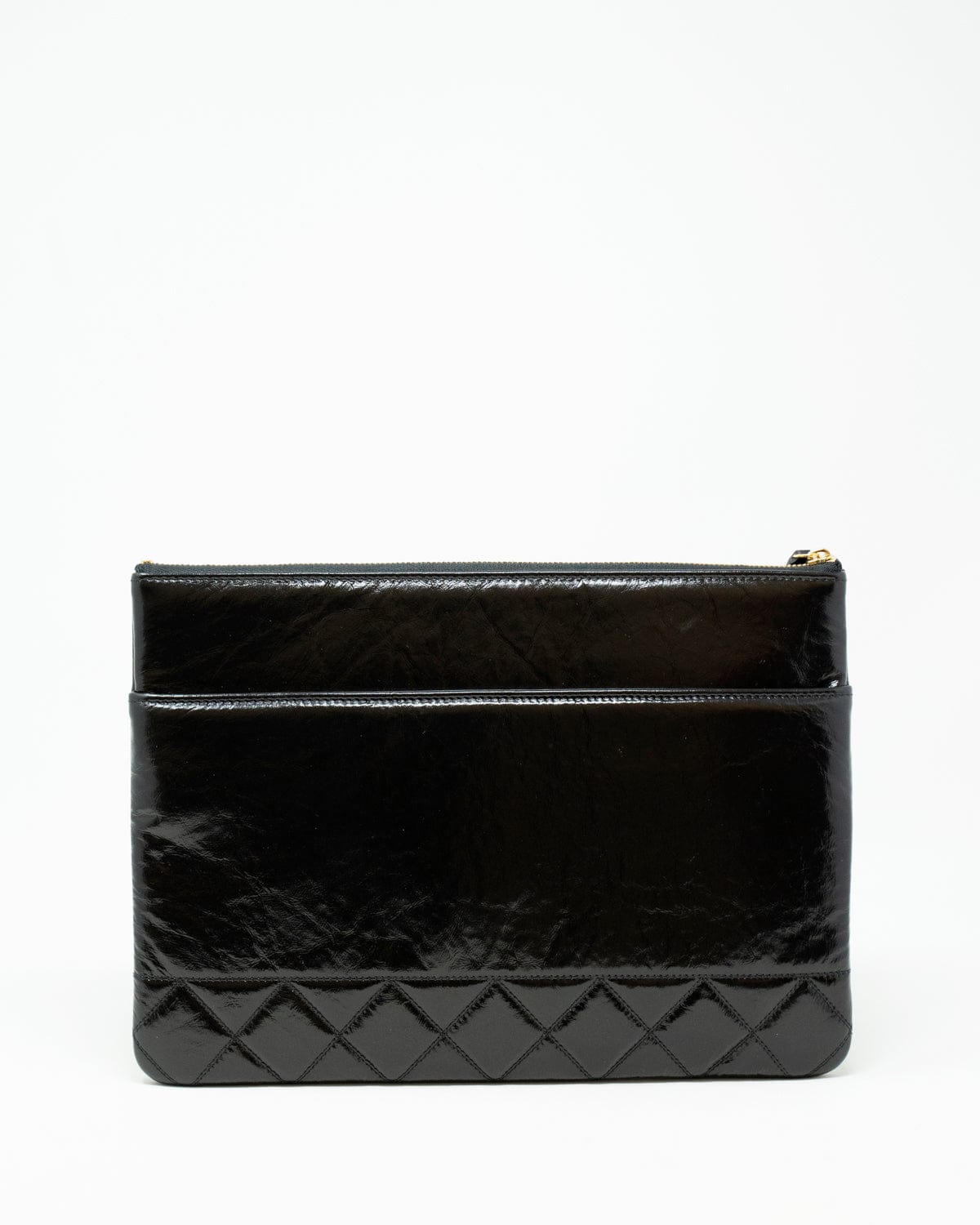 Chanel Chanel Black Patent Leather CC Quilted Clutch Pouch - AGL1717